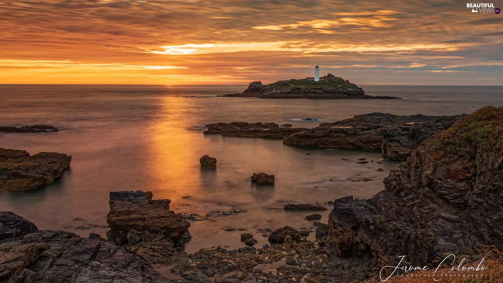 Great Sunsets, rocks, England, Islet, Cornwall, Coast, sea, Godrevy Lighthouse