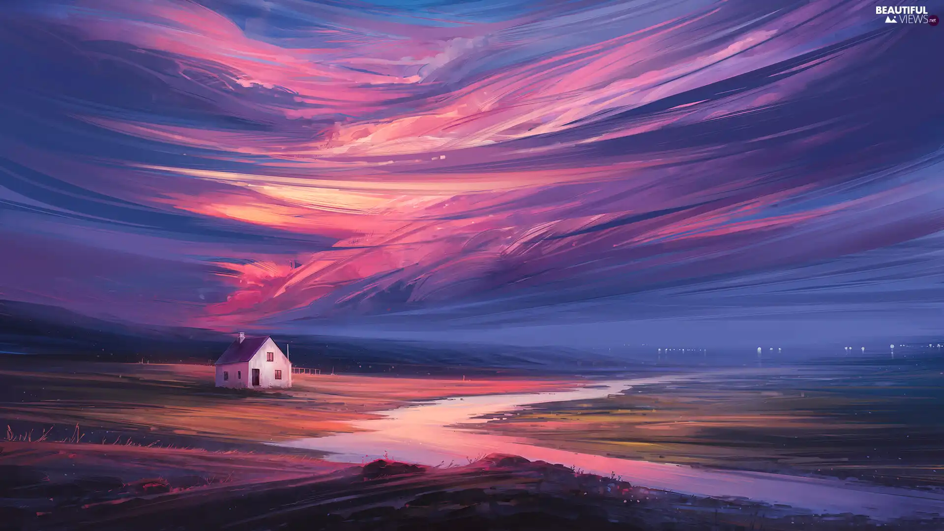 River, Sky, house, Great Sunsets, graphics