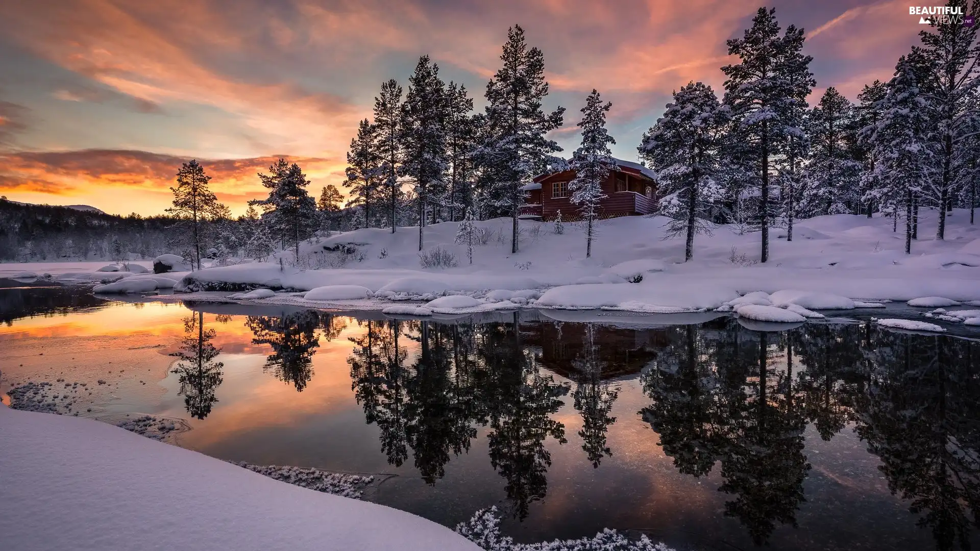 trees, winter, Houses, Great Sunsets, viewes, River