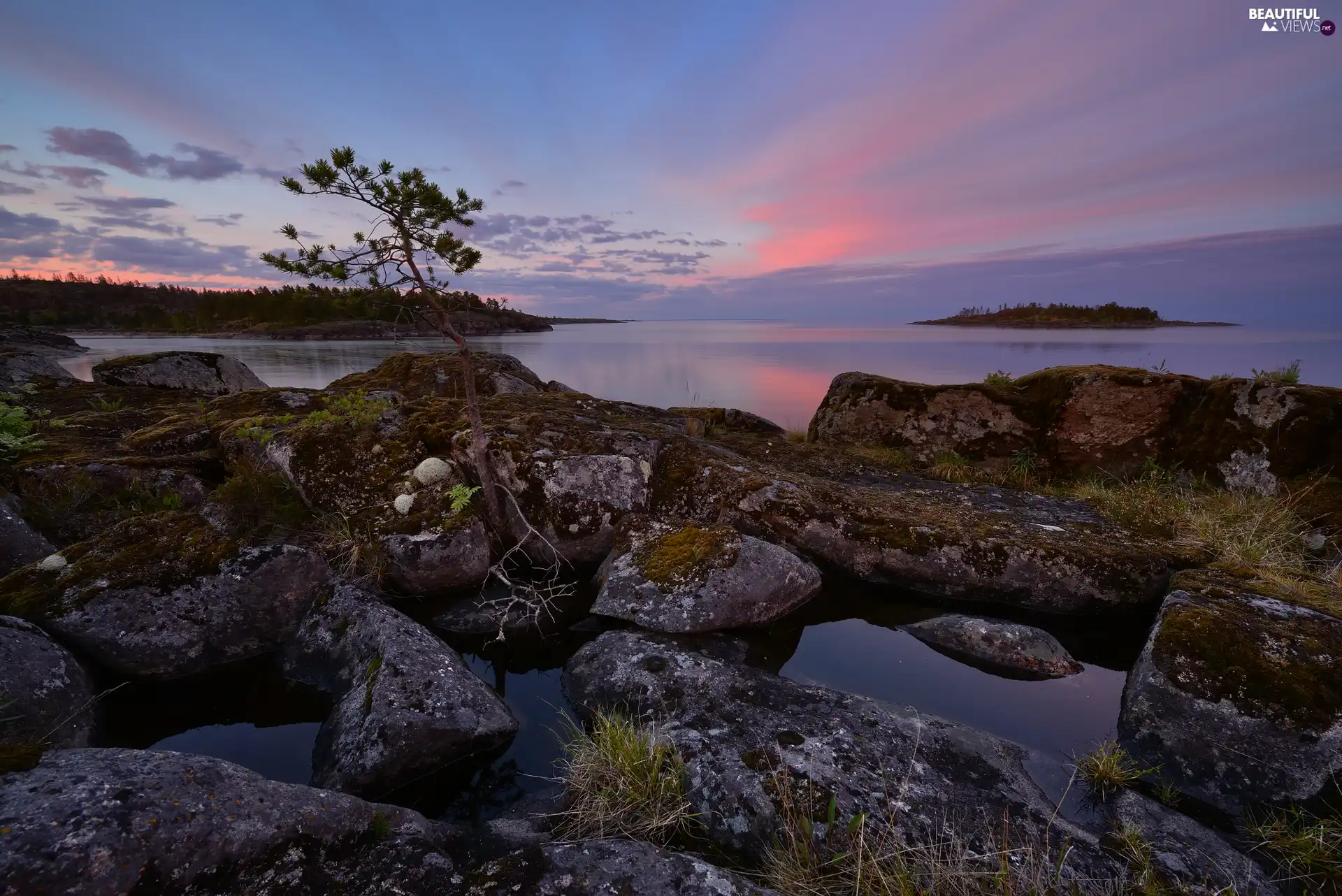 clouds, Stones, Islet, Karelia, trees, Lake Ladoga, rocks, Russia, Great Sunsets, viewes