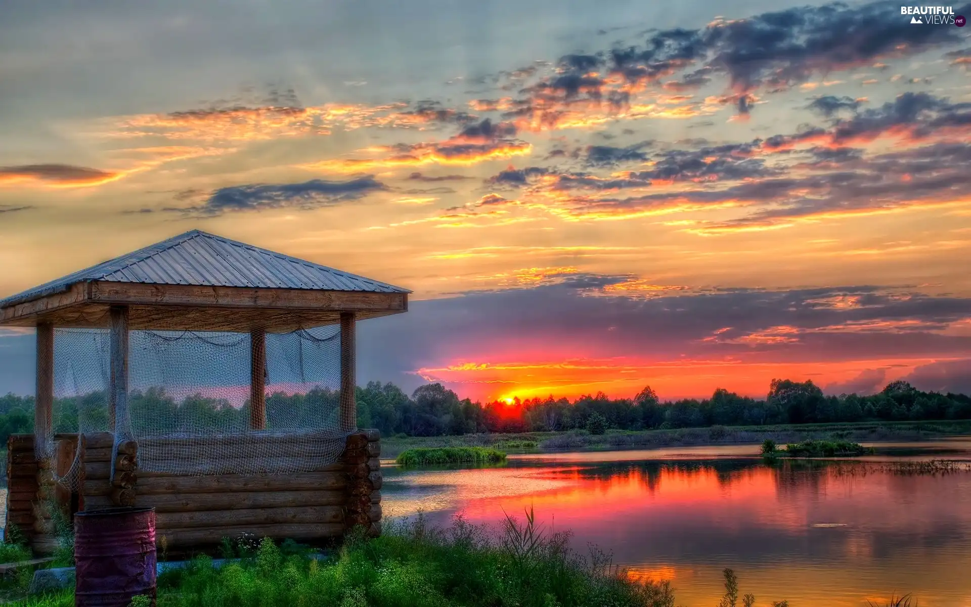 lake, clouds, Great Sunsets, roofing