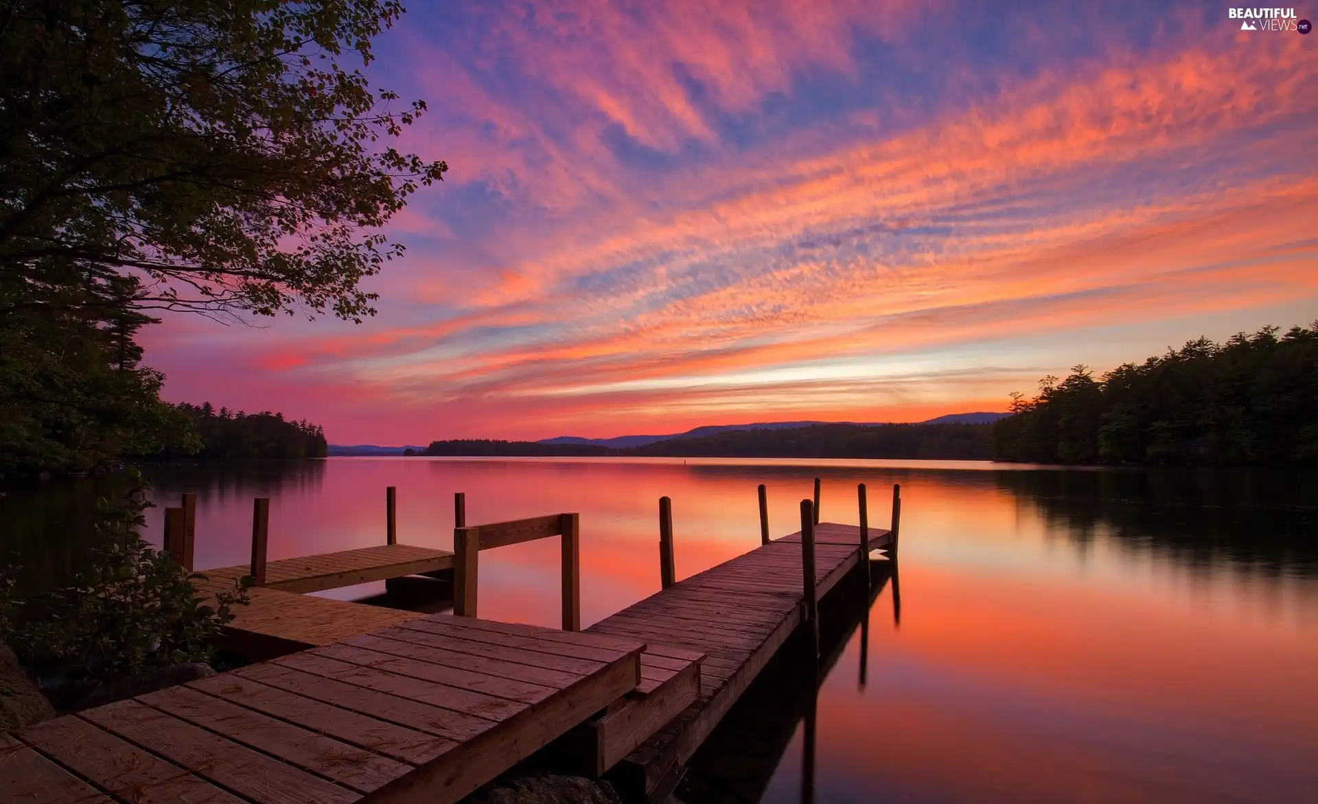 lake, Platform, Great Sunsets, forest