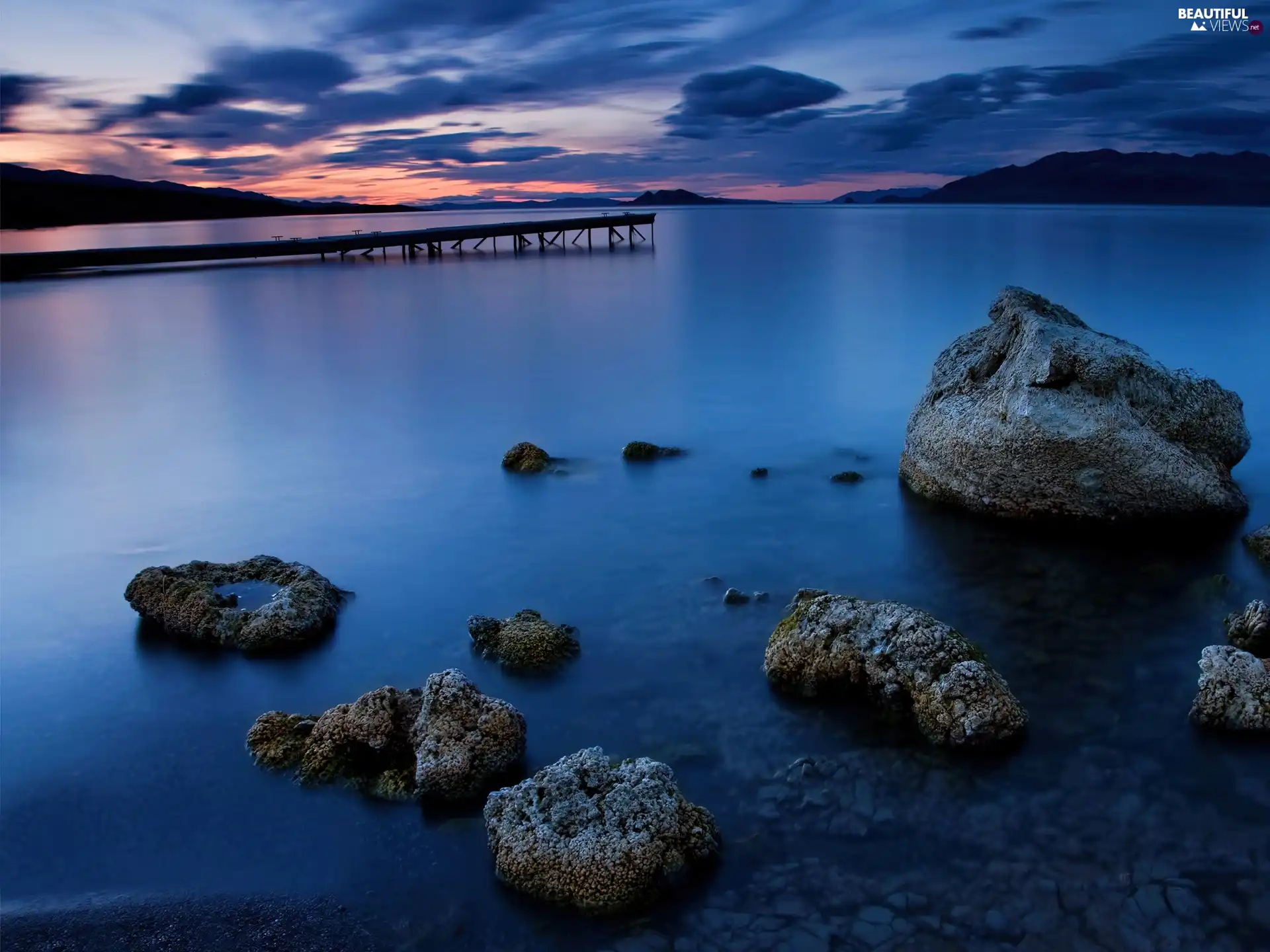 lake, Platform, Great Sunsets, Stones