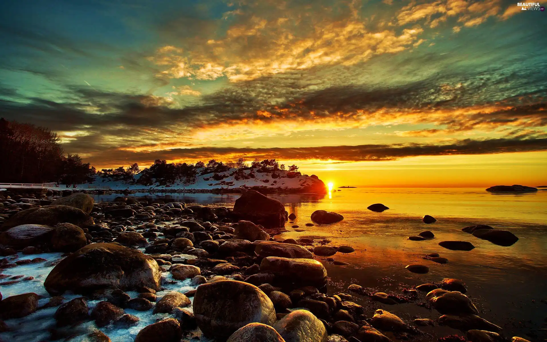 lake, snow, Great Sunsets, Stones