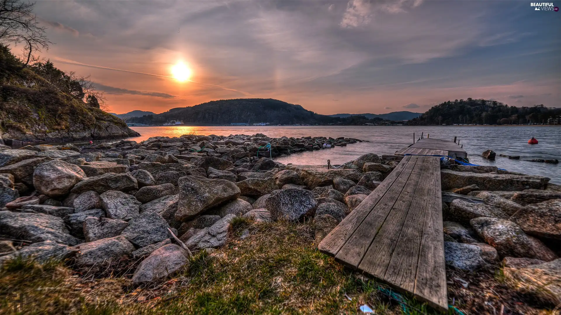 lake, Stones, Great Sunsets, Mountains