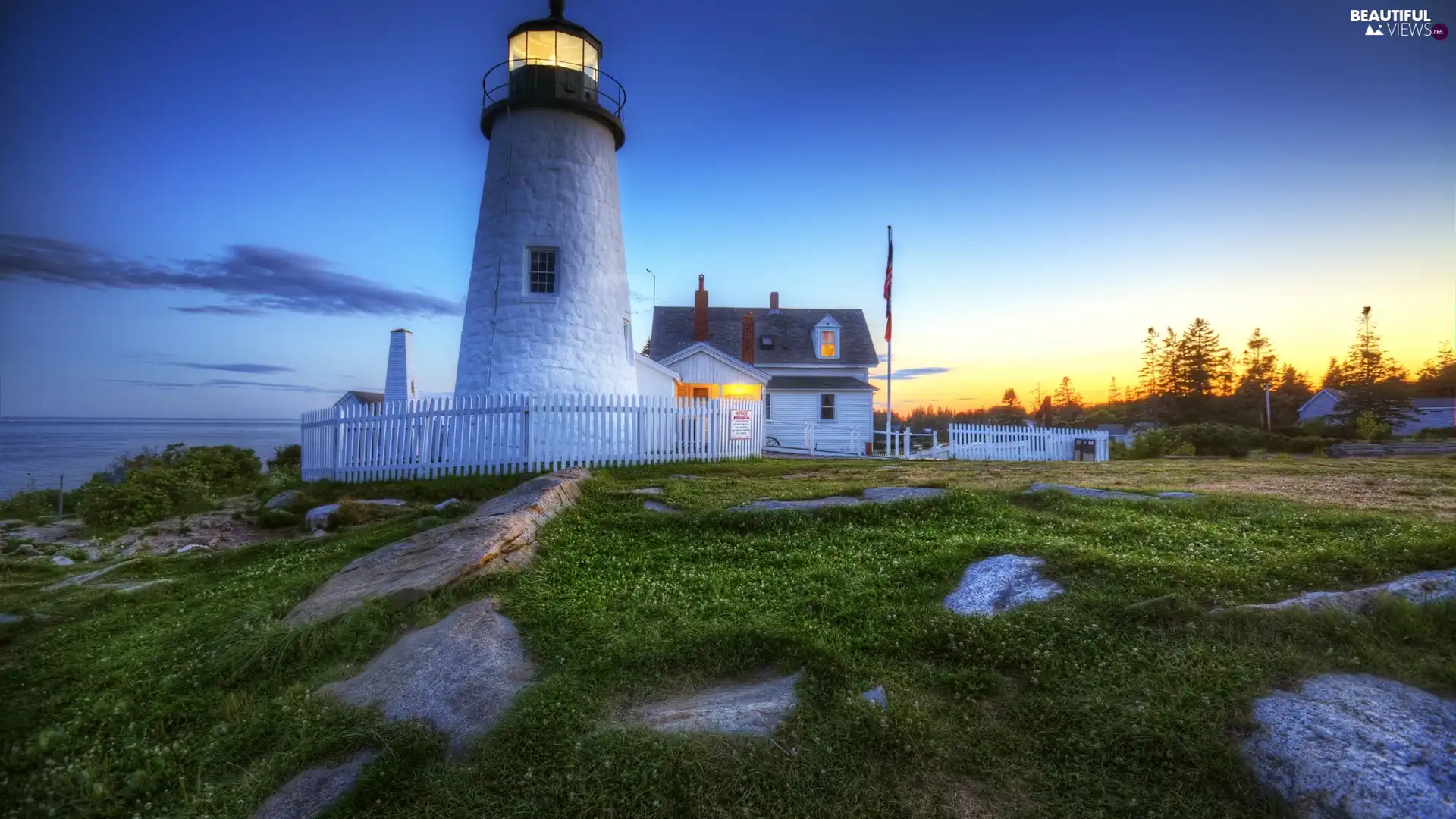 Lighthouse, house, Great Sunsets, maritime