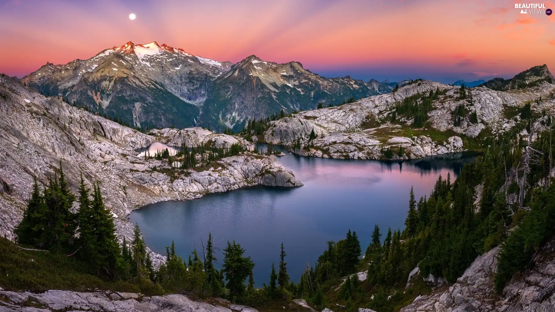 trees, Mountains, moon, Great Sunsets, viewes, lake