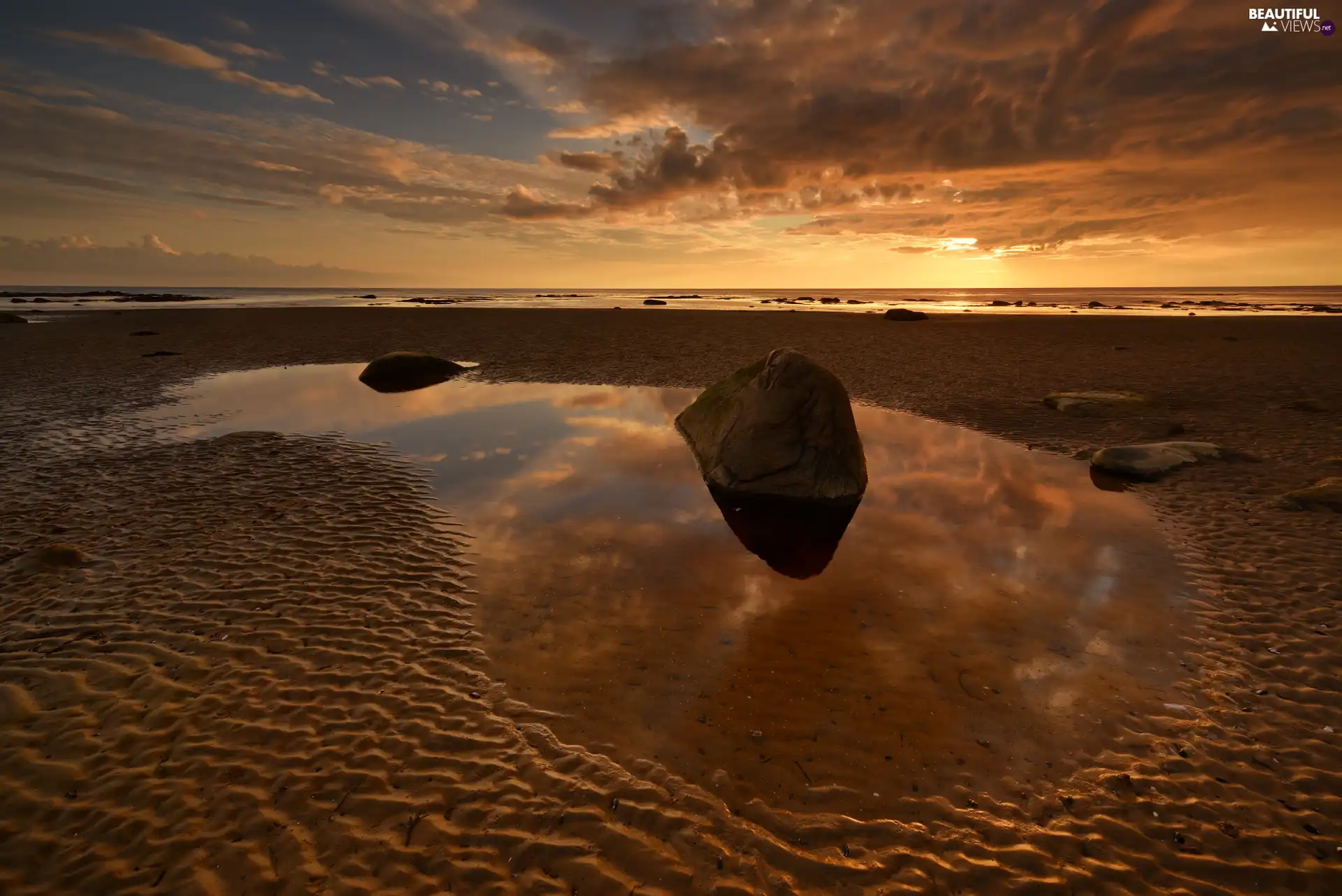 Beaches, sea, puddle, Great Sunsets, Stones, coast