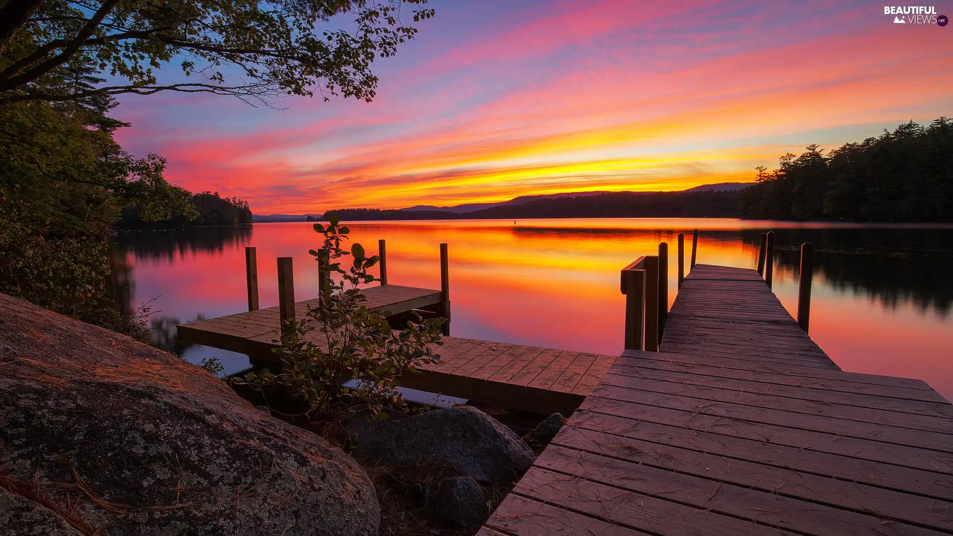 trees, lake, rocks, Great Sunsets, viewes, Platform