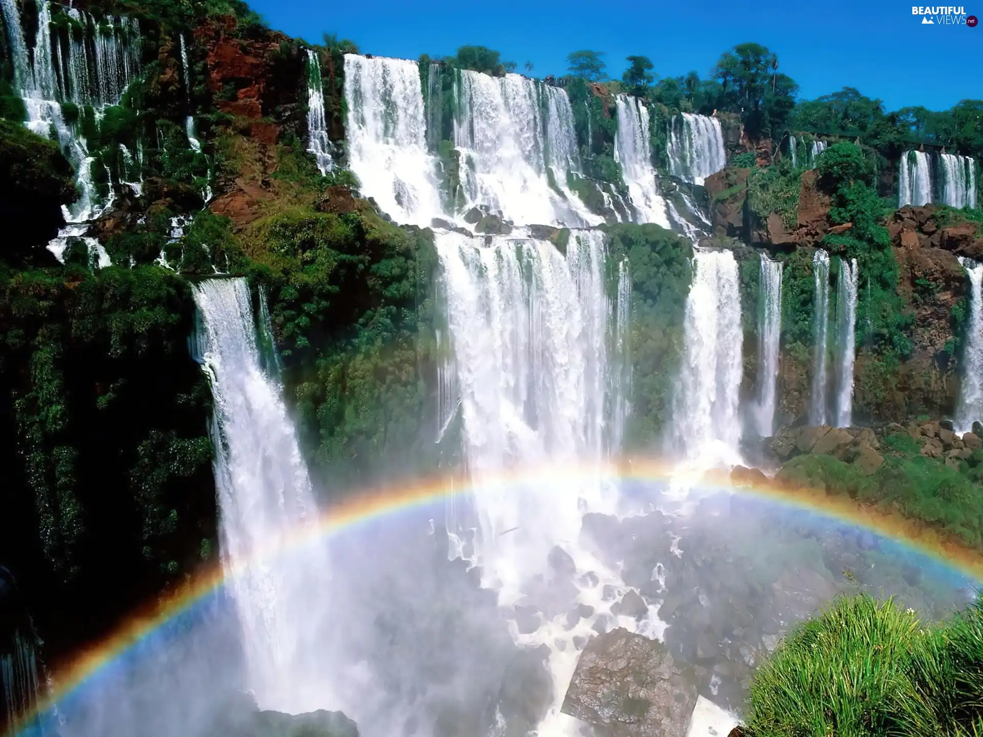 rocks, waterfall, Great Rainbows