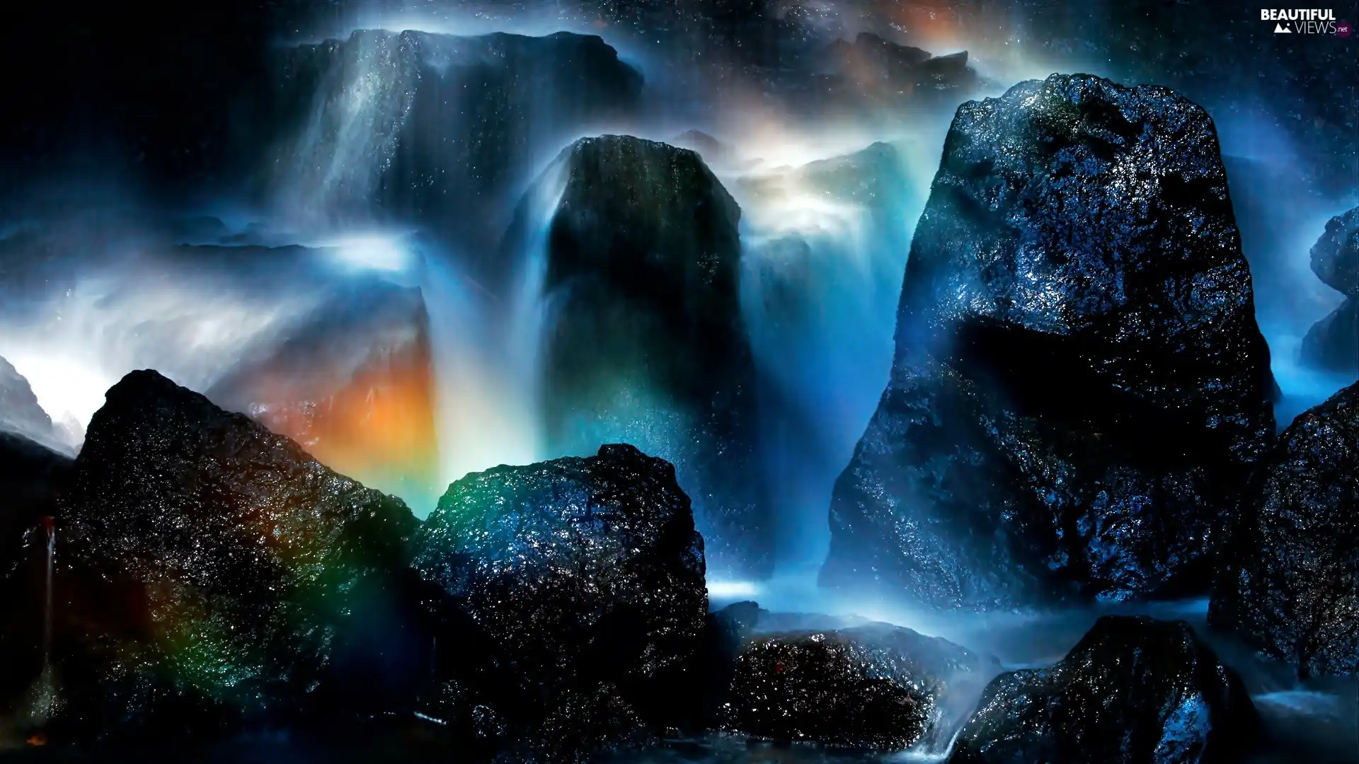 rocks, waterfall, Great Rainbows, Stones