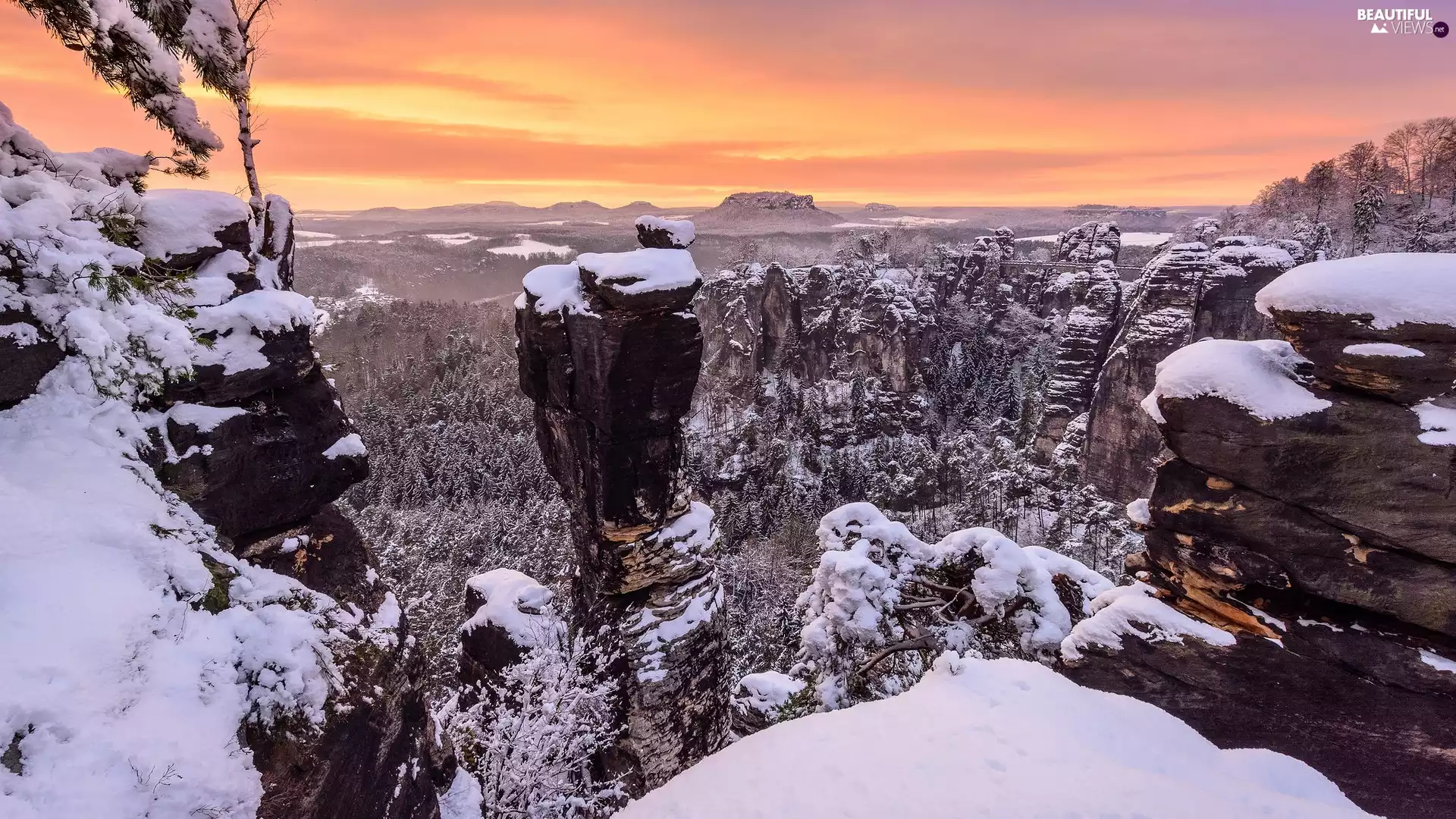 snow, rocks, Saxon Switzerland National Park, Děčínská vrchovina, winter, Great Sunsets, Germany
