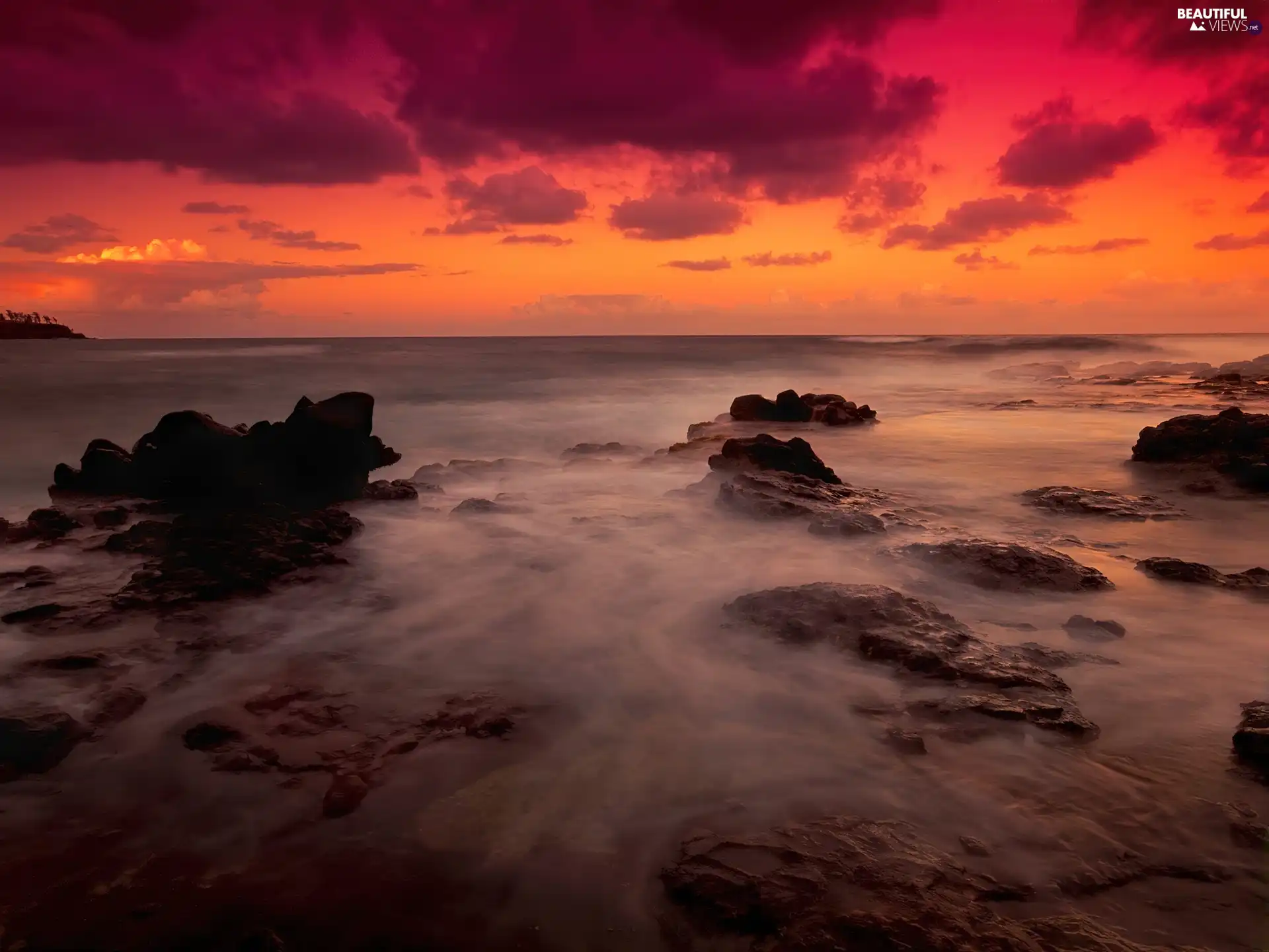 sea, clouds, Great Sunsets, rocks