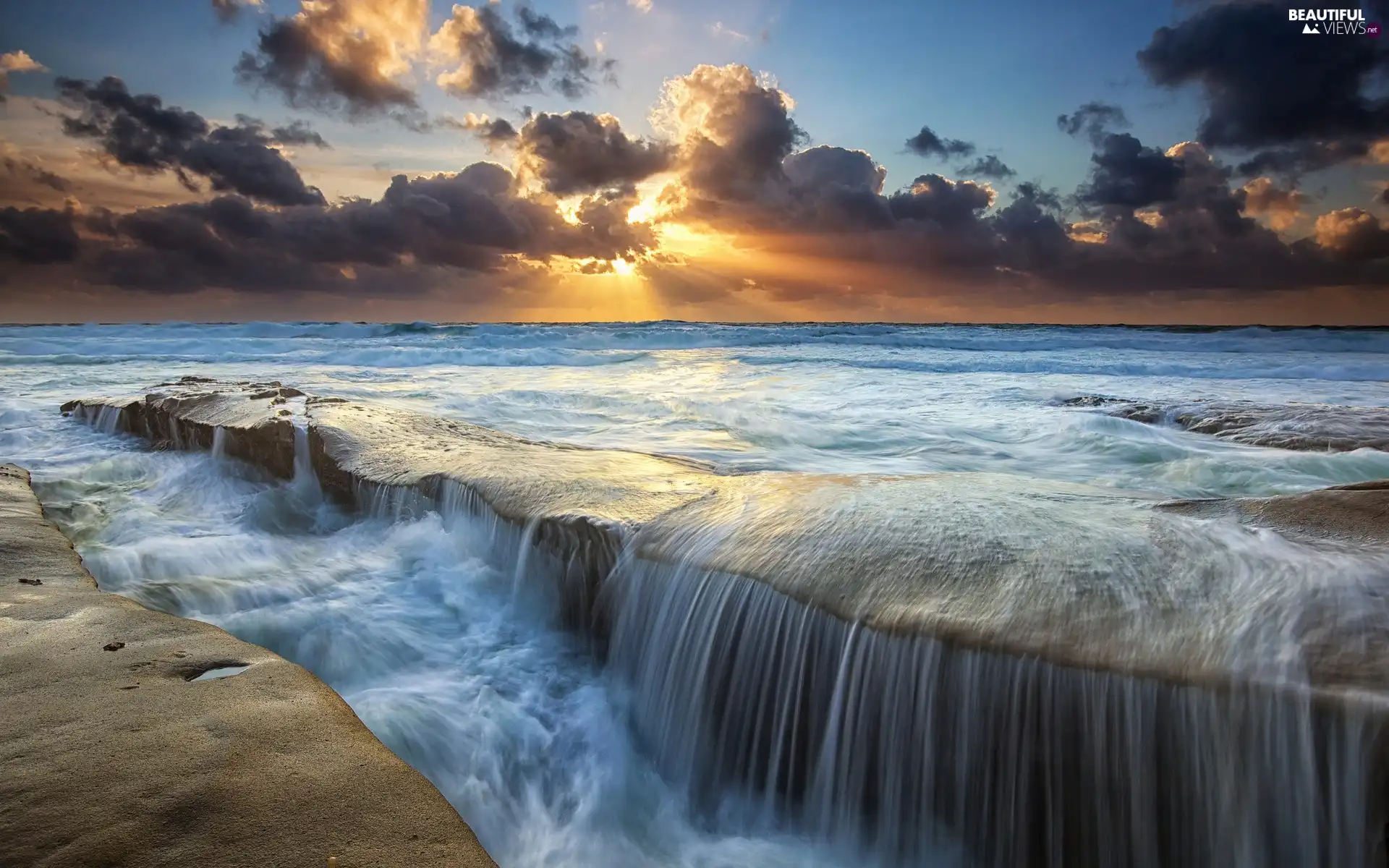 sea, clouds, Great Sunsets, Waves