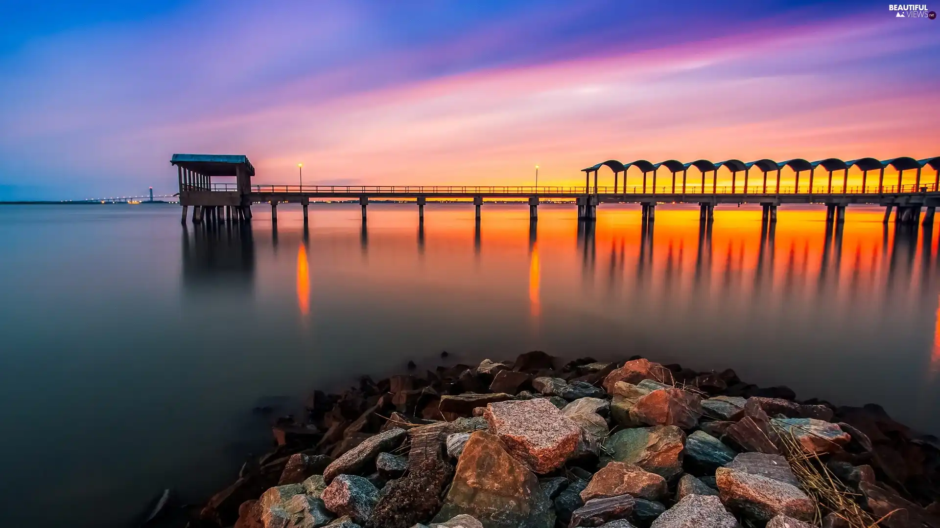 sea, Stones, Great Sunsets, pier