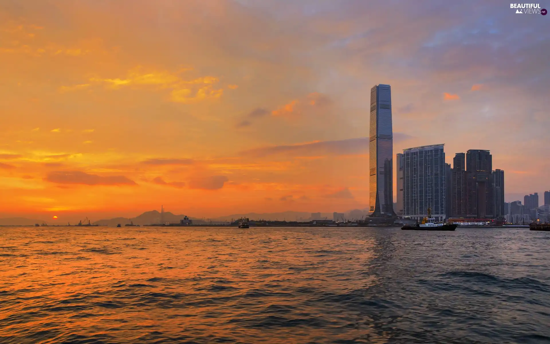 skyscrapers, sea, Great Sunsets