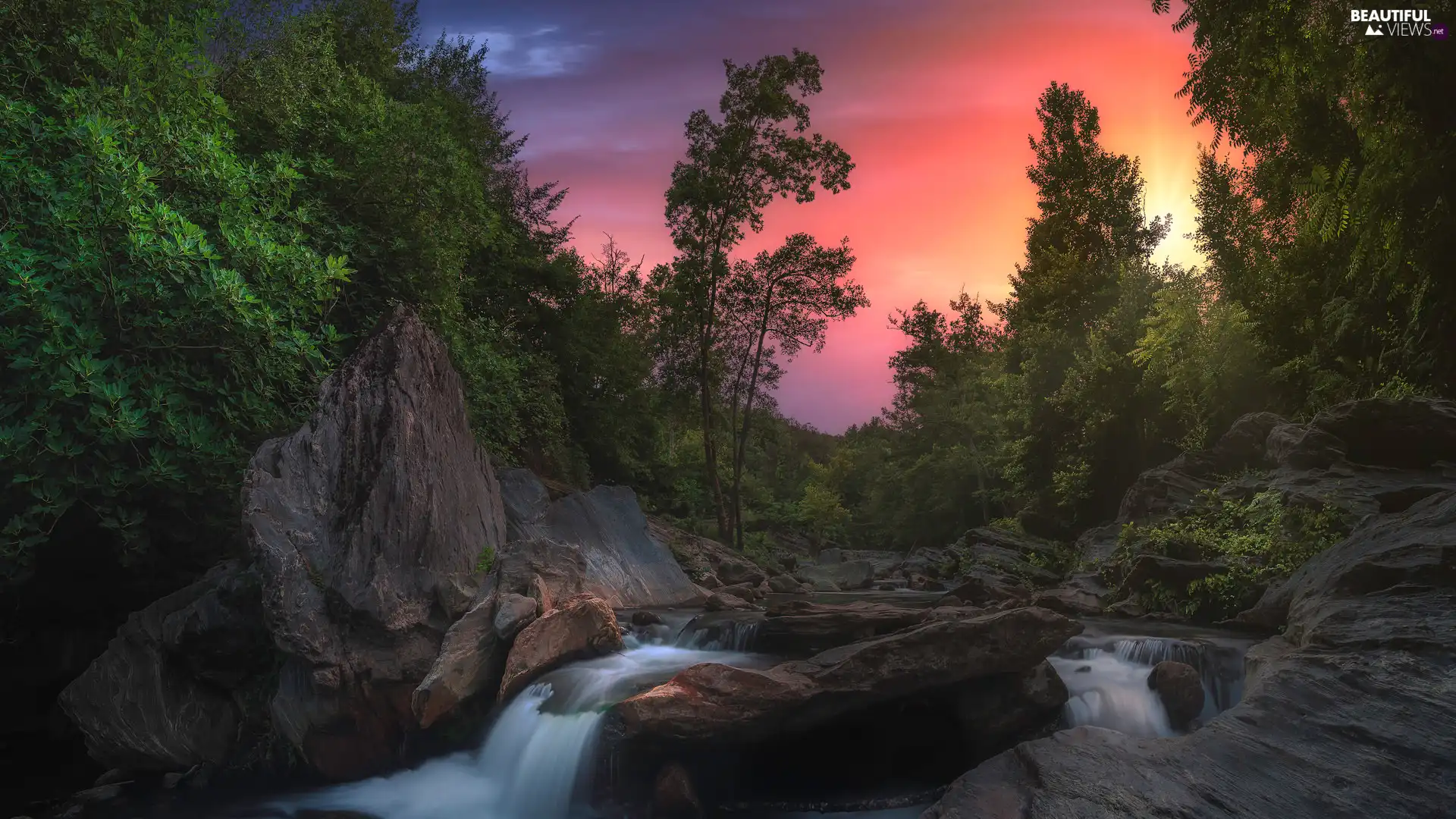 Great Sunsets, Stones, rocks, forest, River