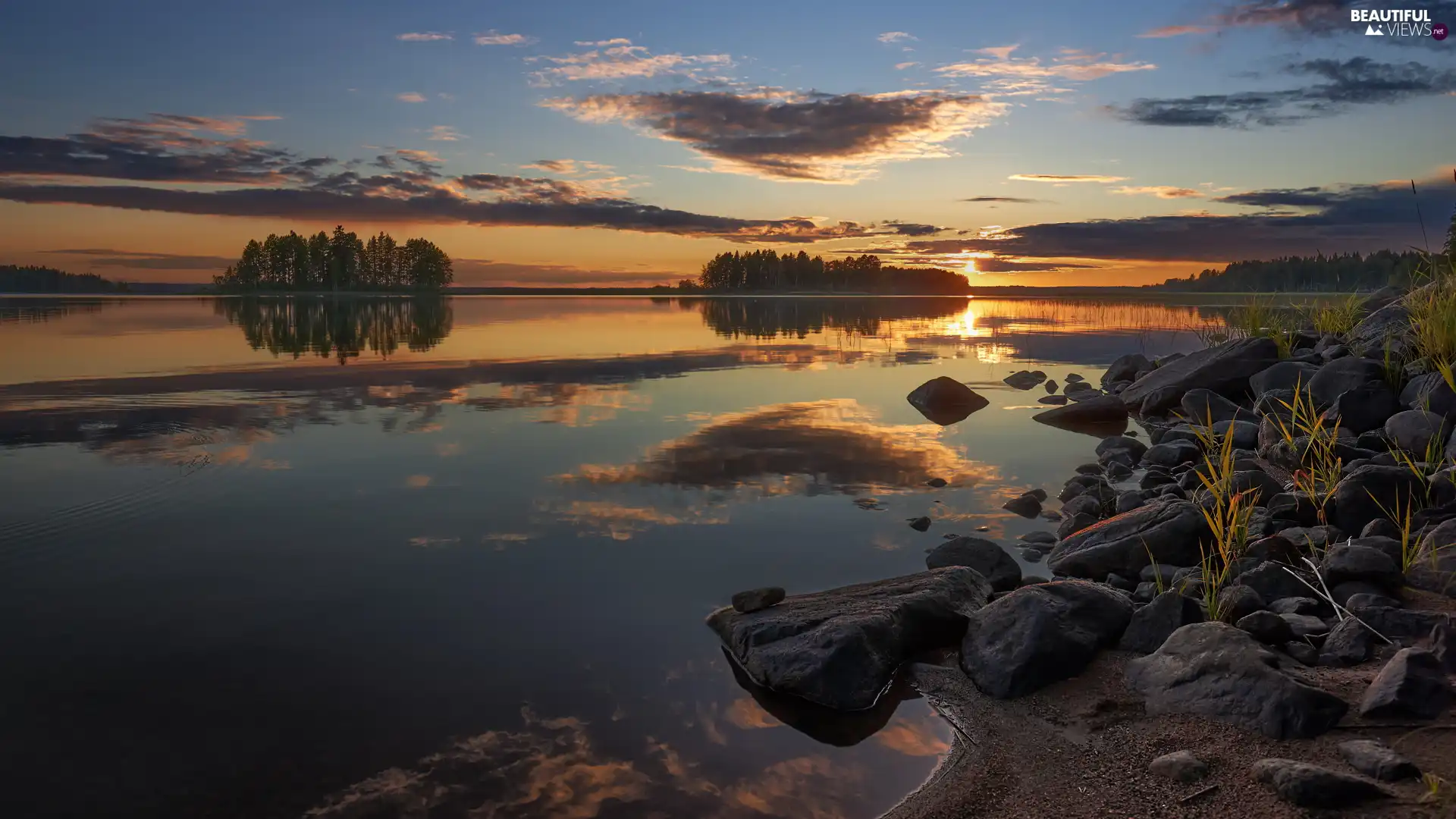 viewes, lake, Stones, Great Sunsets, coast, trees