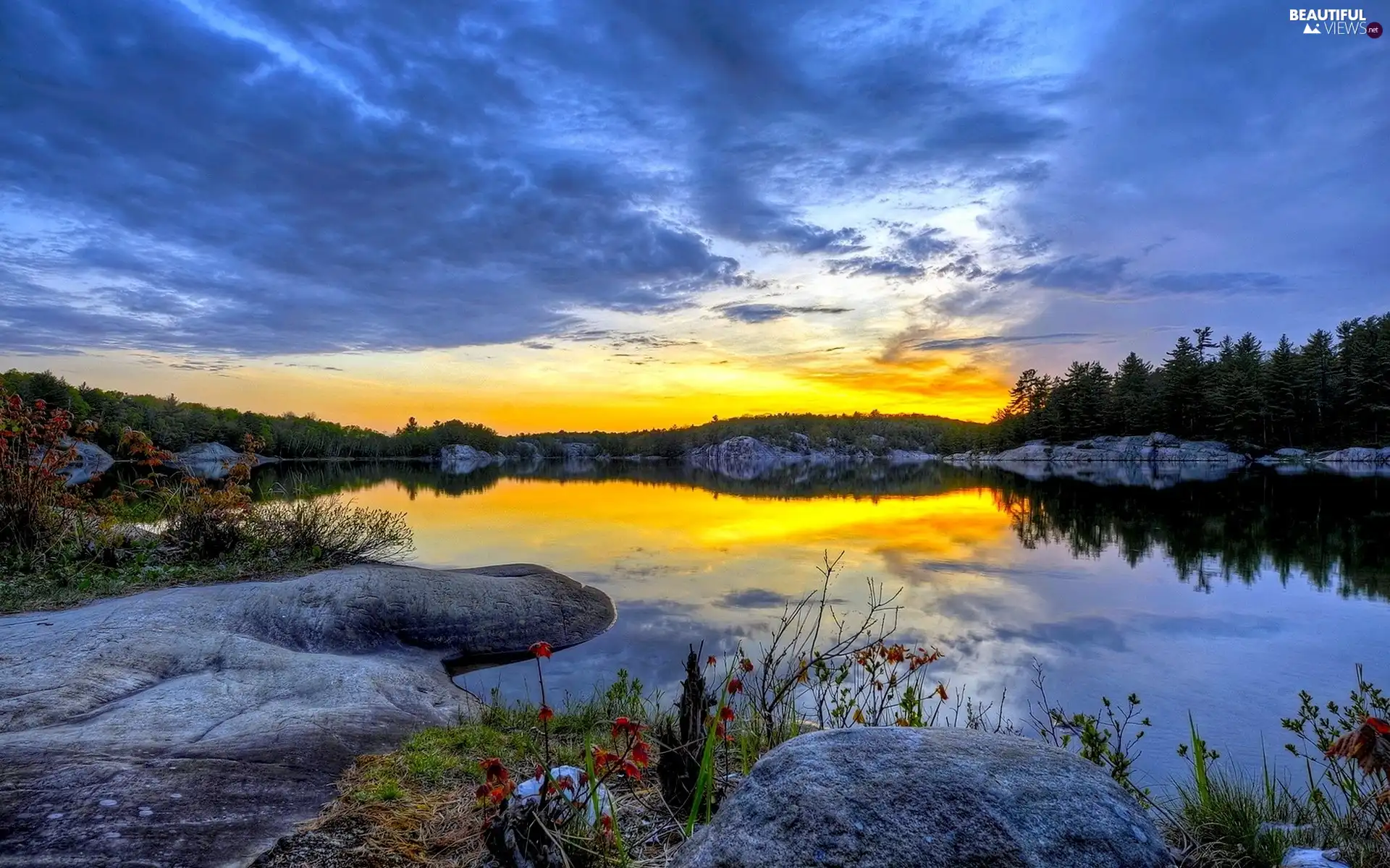 Stones, lake, Great Sunsets