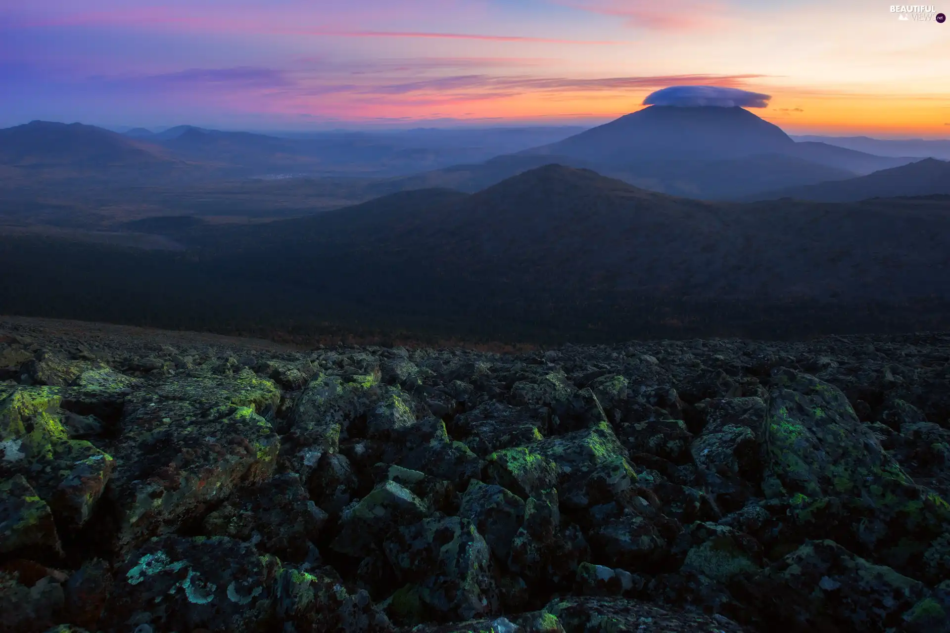 Mountains, Great Sunsets, Stones, clouds