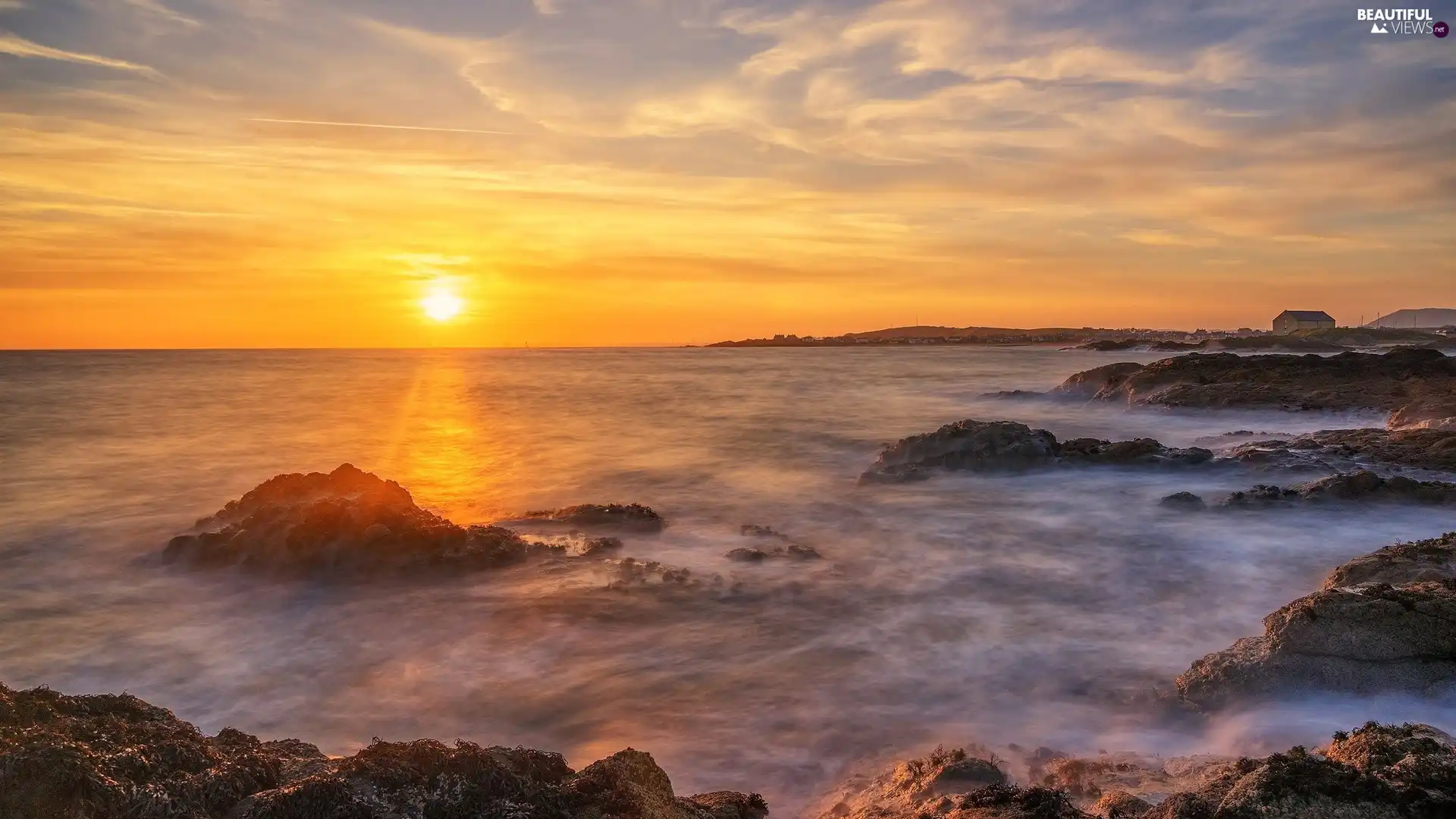 sea, Great Sunsets, rocks, Coast