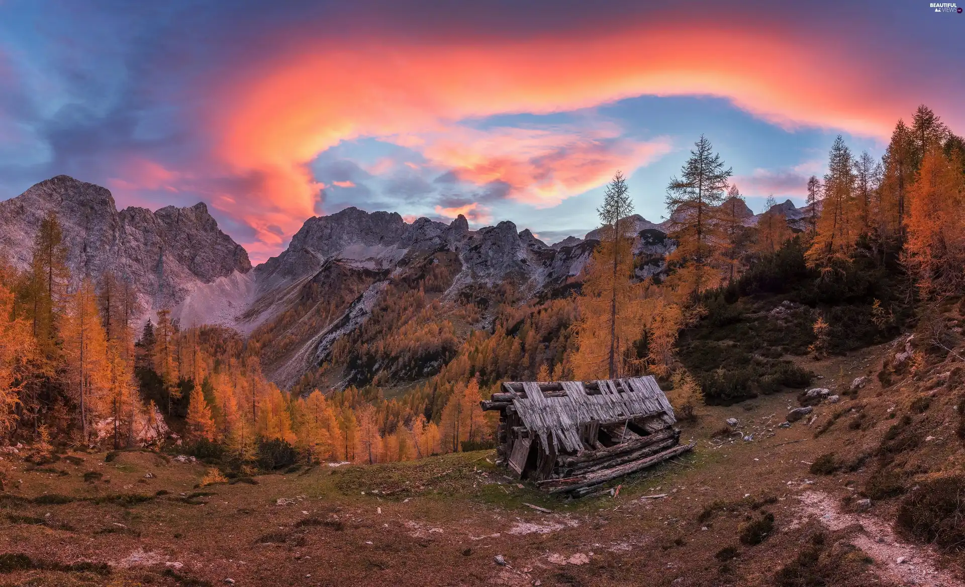 Mountains, autumn, Julian Alps, trees, cote, Great Sunsets, Wooden, destroyed, viewes