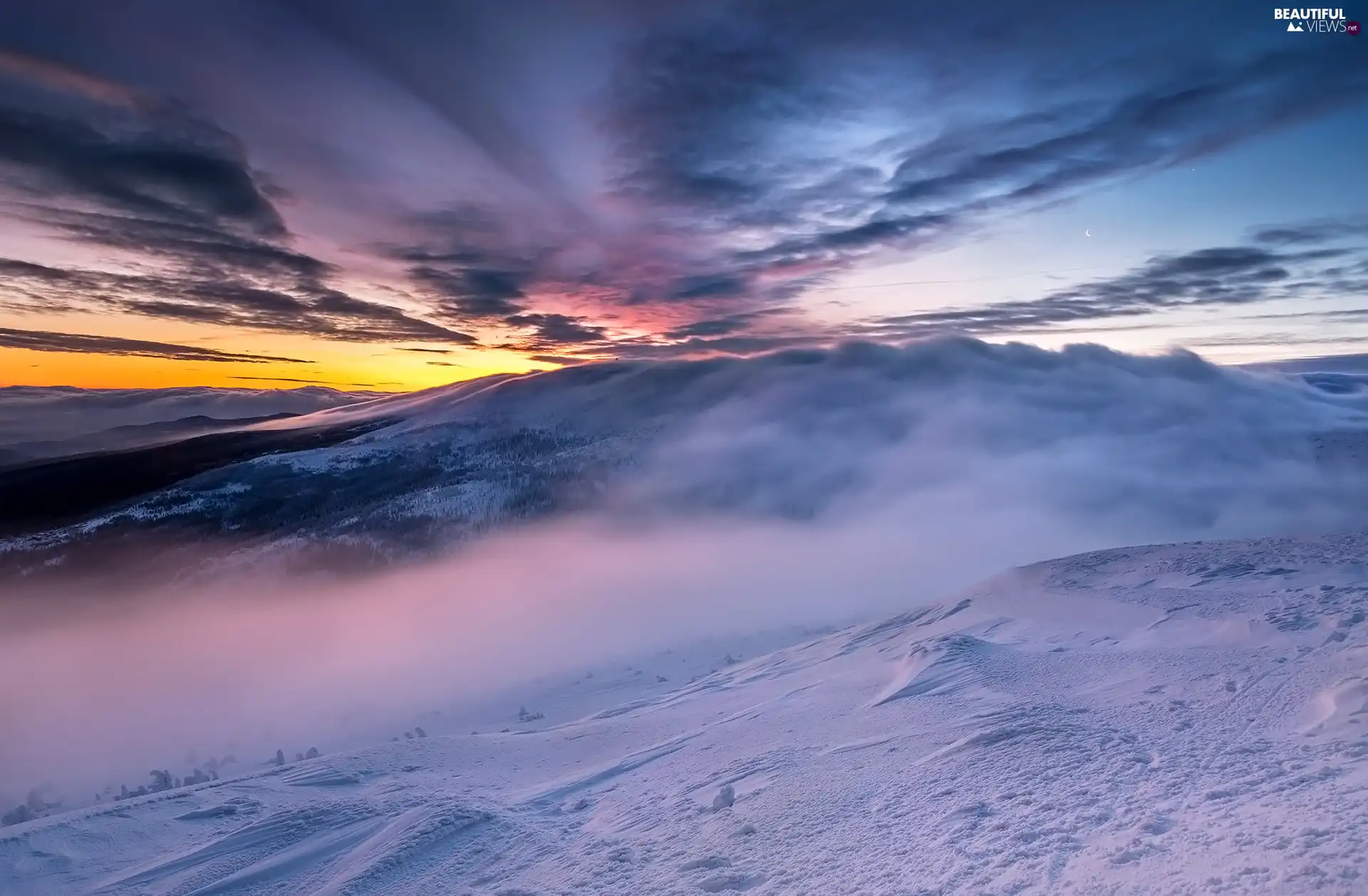 winter, Great Sunsets, clouds, Mountains