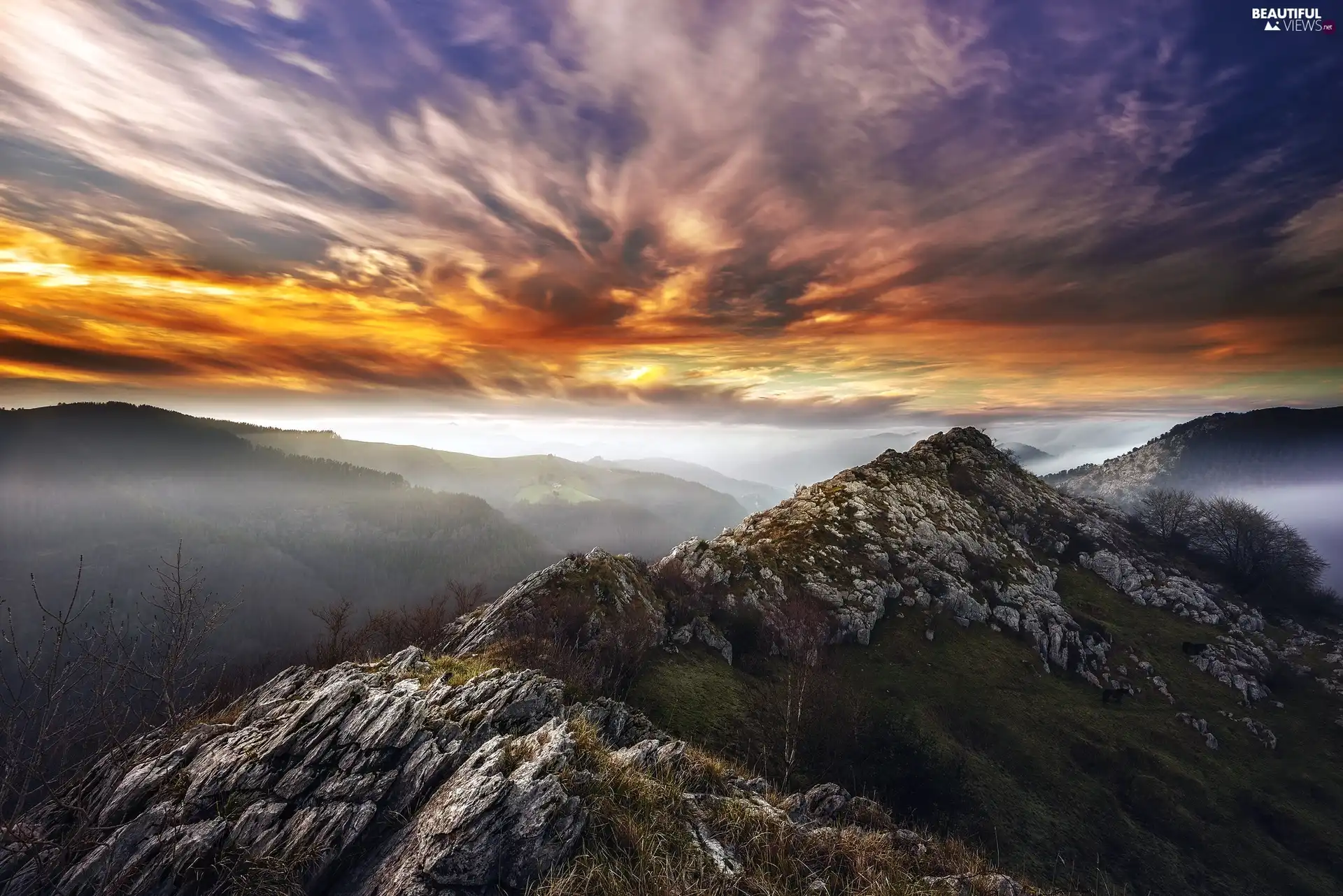 Mountains, Great Sunsets, clouds, rocks