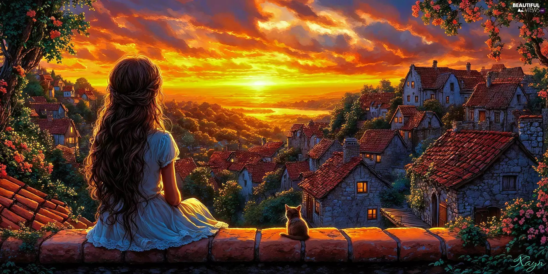 ledge, girl, Town, Great Sunsets, Houses, cat