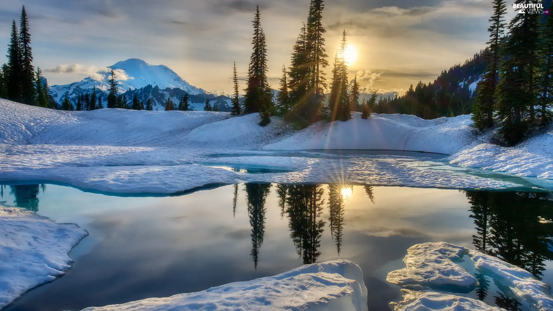 Mountains, Lake Tipsoo, viewes, Washington State, Great Sunsets, winter, trees, The United States, Stratovolcano Mount Rainier, Mount Rainier National Park