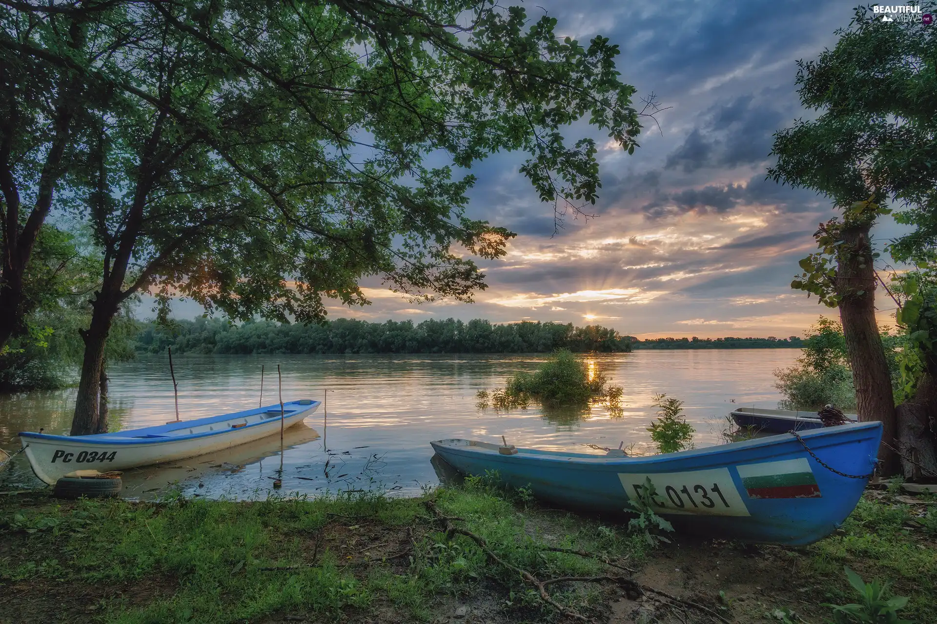 coast, lake, viewes, Great Sunsets, trees, boats