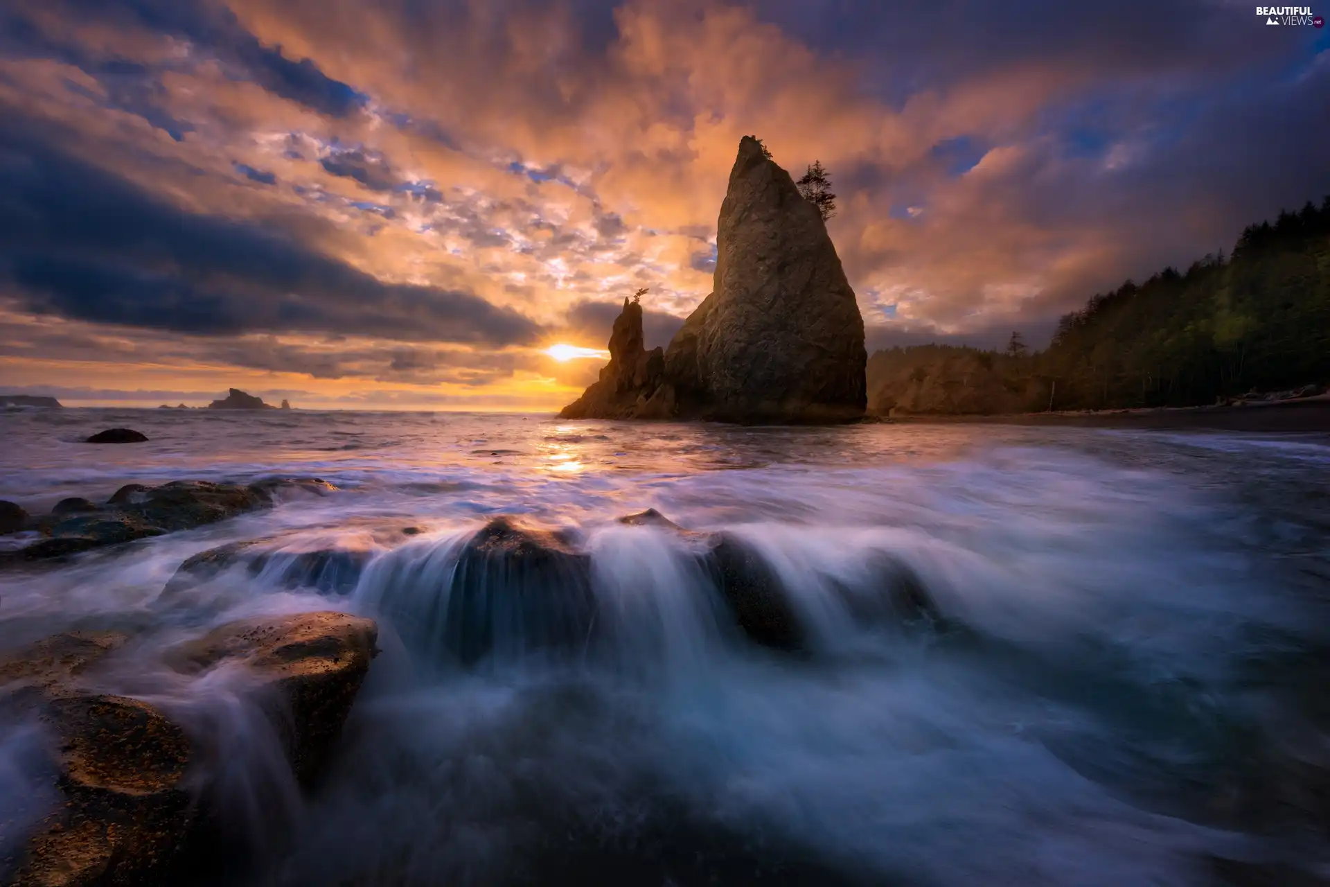 clouds, sea, viewes, Great Sunsets, trees, rocks