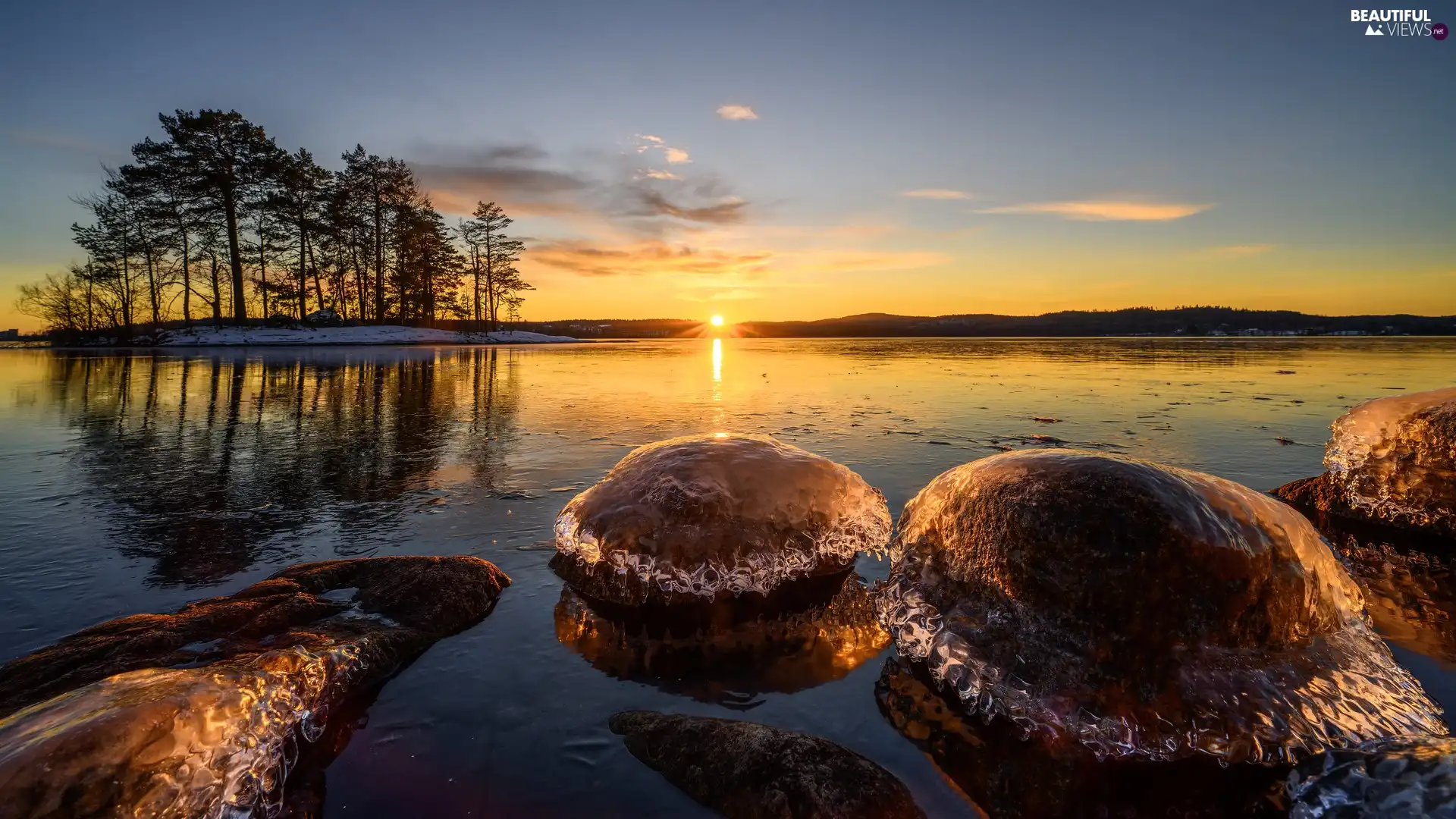 Stones, winter, viewes, Great Sunsets, trees, lake