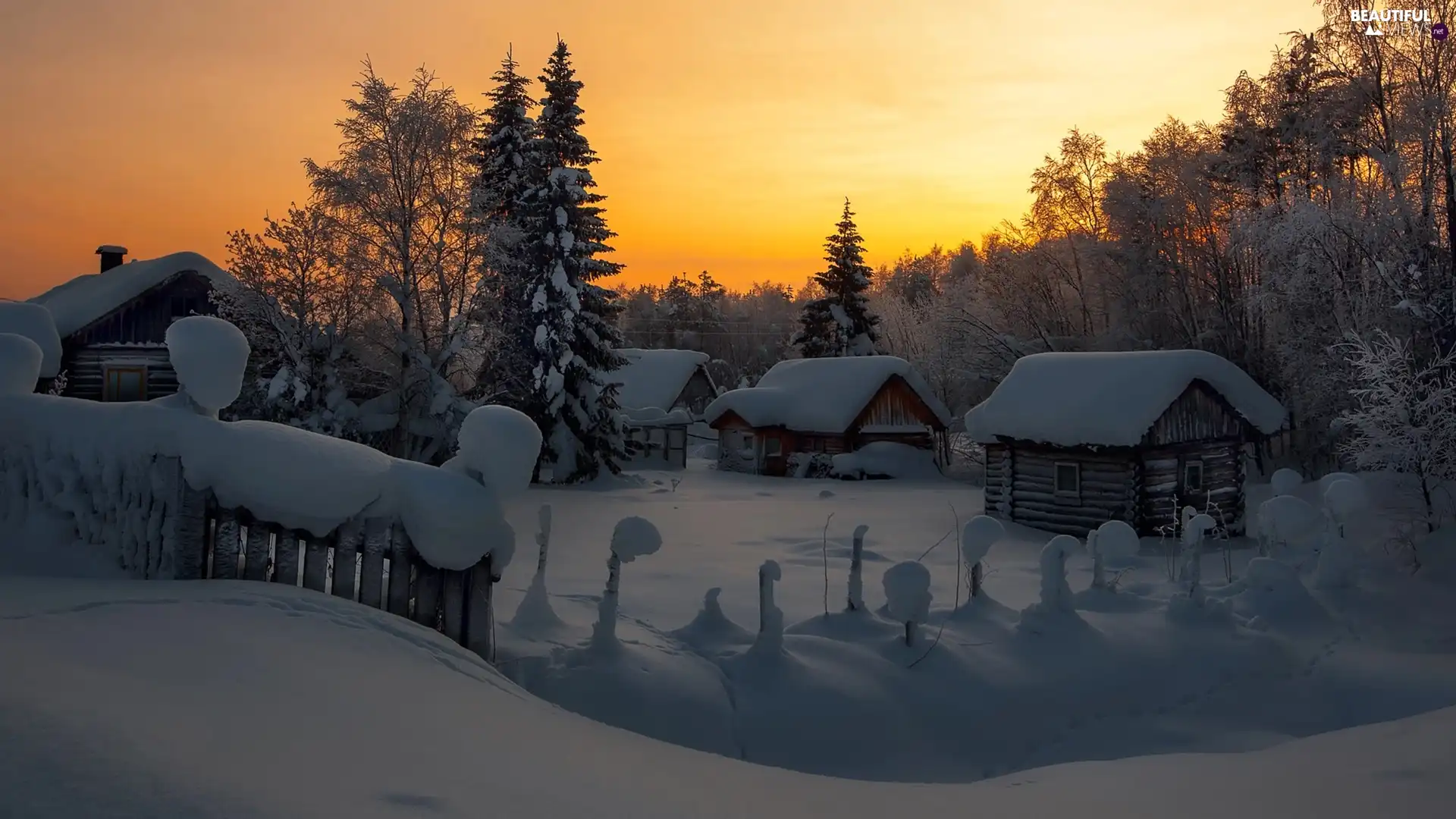 Houses, winter, viewes, Great Sunsets, trees, snowy