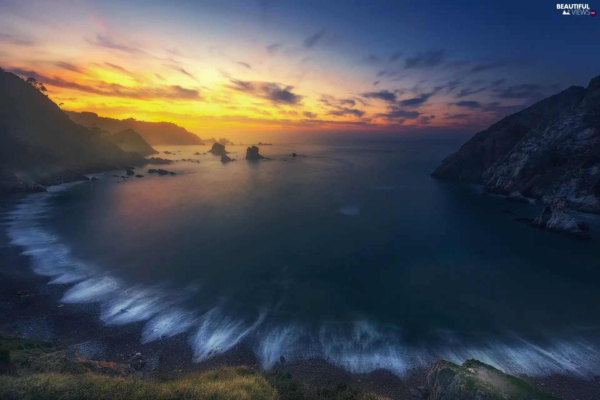 rocks, sea, Waves, Great Sunsets, Beaches, Mountains - Beautiful views wallpapers: 1920x1281