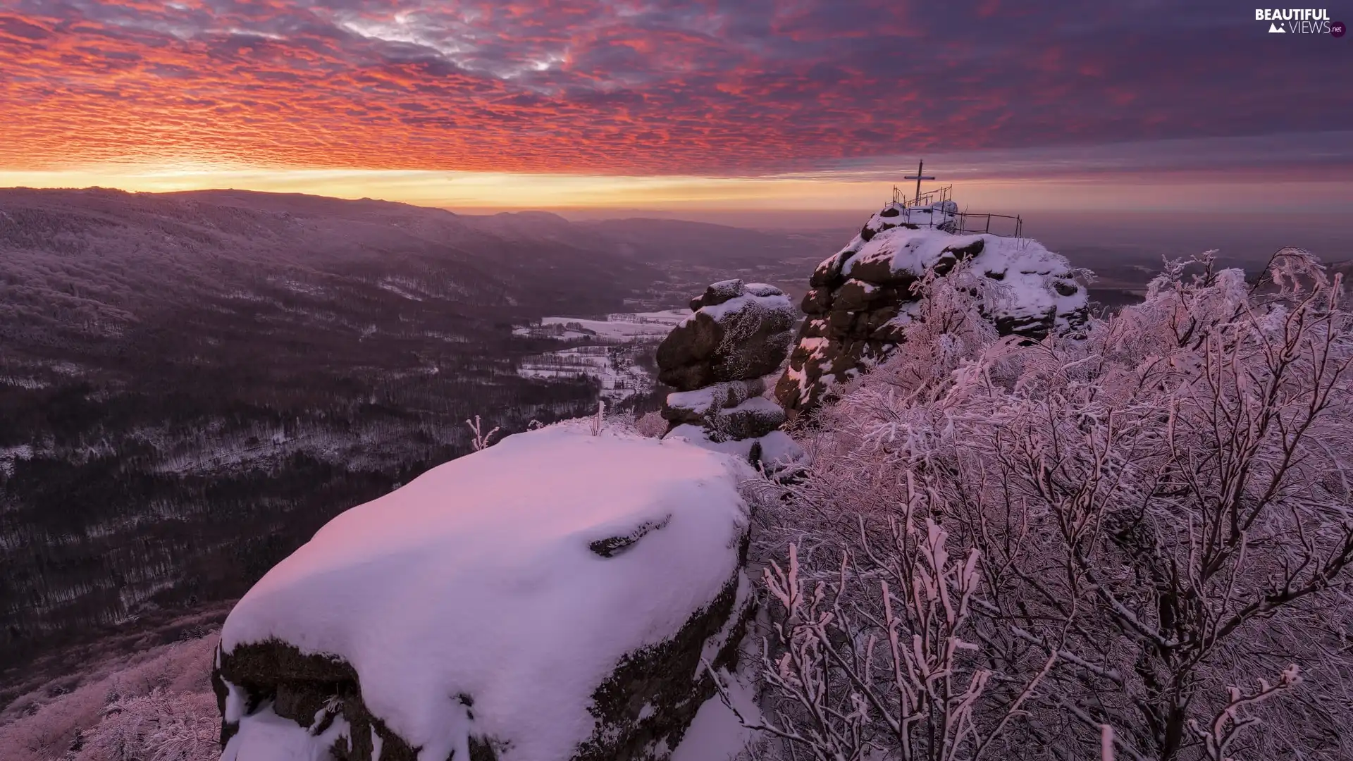 Jizera Mountains, winter, rocks, Snowy, clouds, Czech Republic, viewes, Great Sunsets, trees