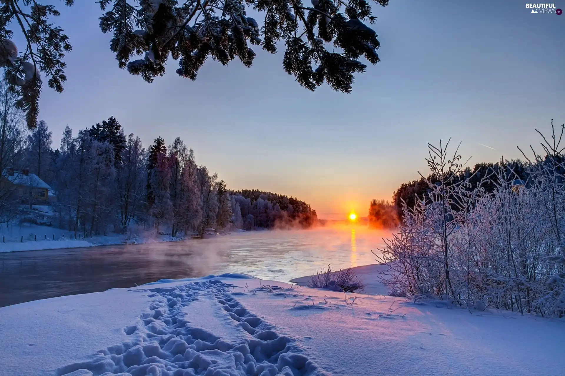 winter, River, Great Sunsets, woods