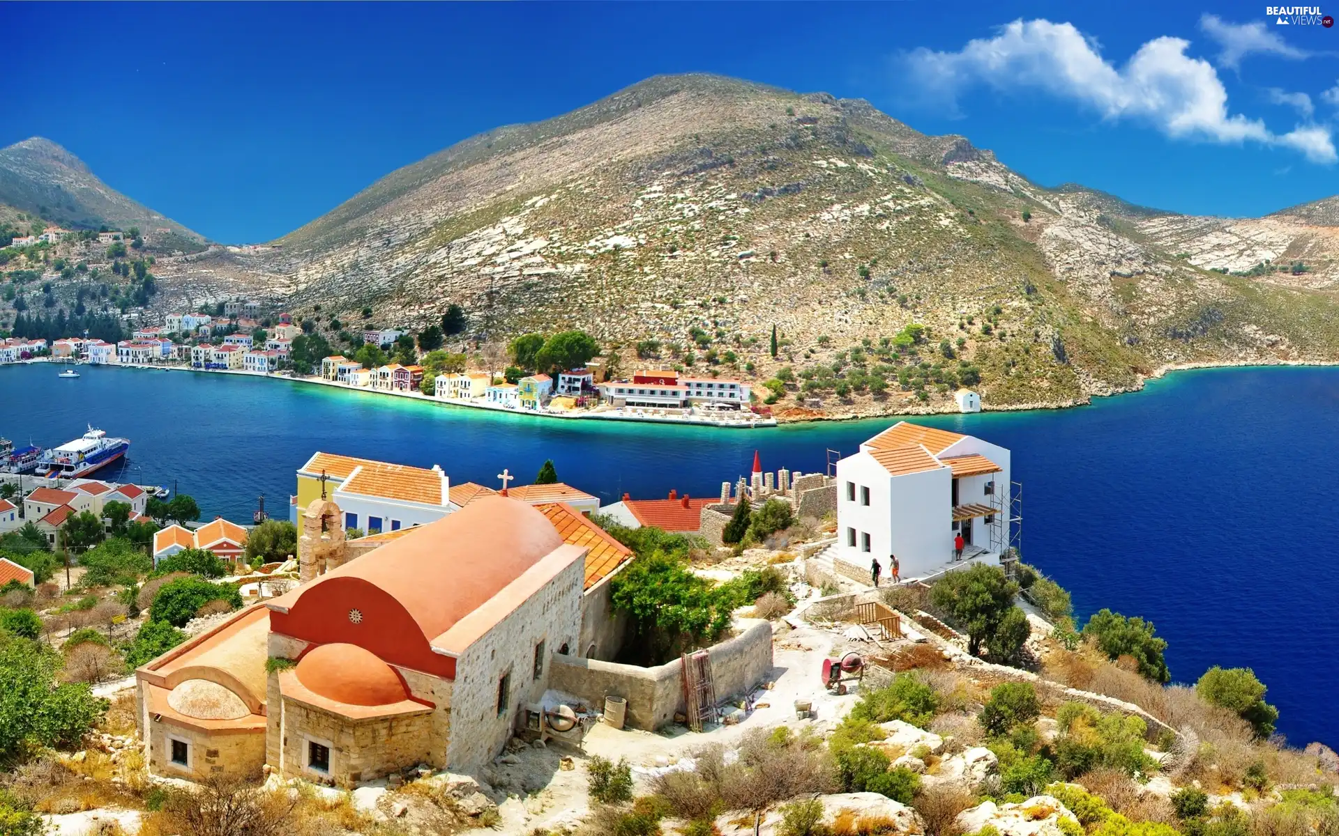 Houses, Mountains, Greece, sea