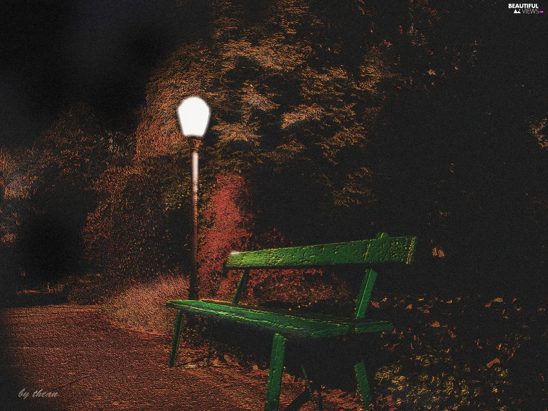 Green, Bench, night, Lighthouse, Park