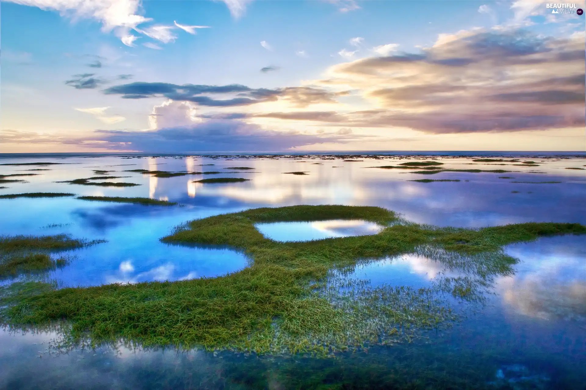 green, lake, clouds