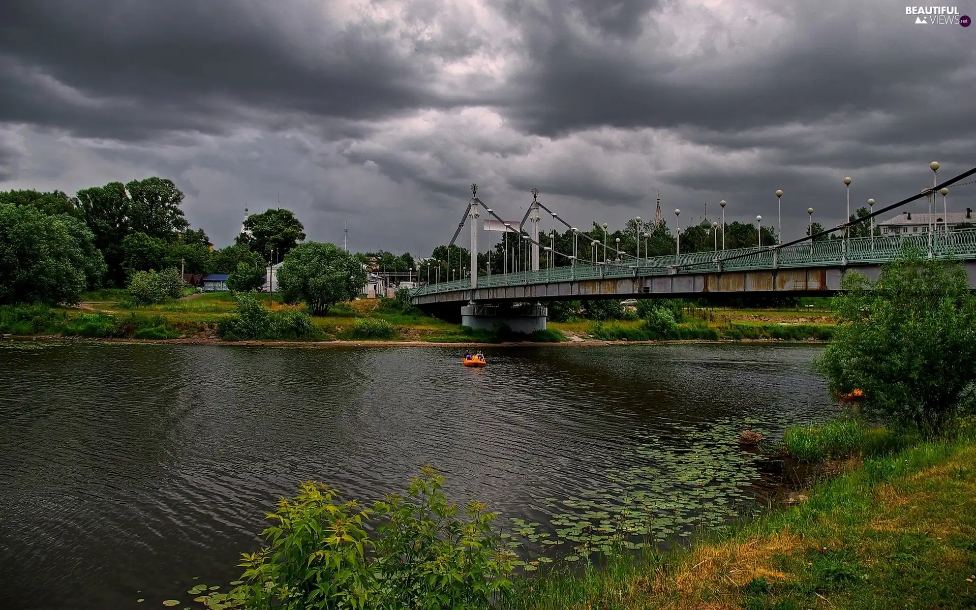 River, clouds, green, bridge