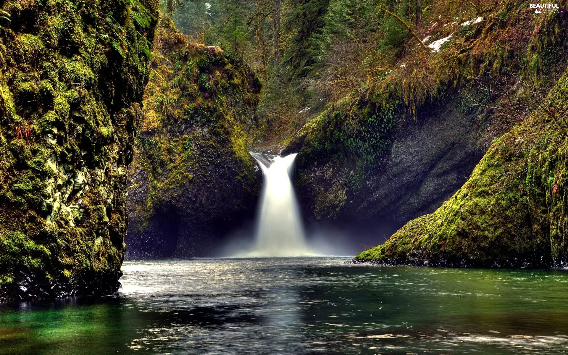 green, waterfall, rocks