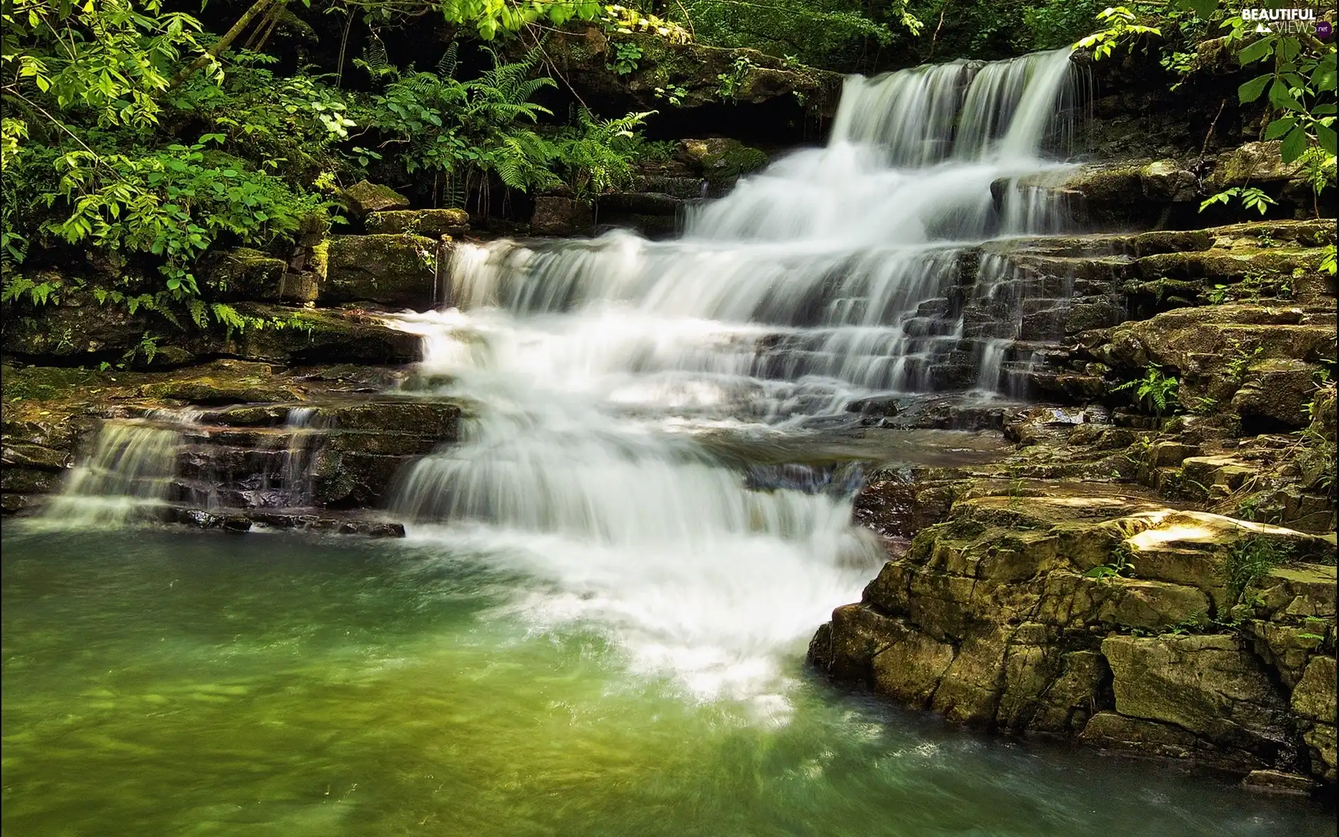 green, waterfall, rocks