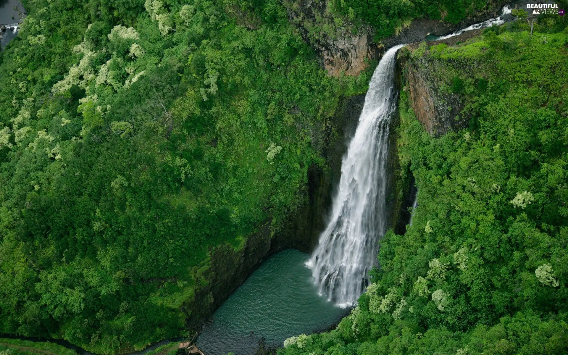 green, waterfall, rocks