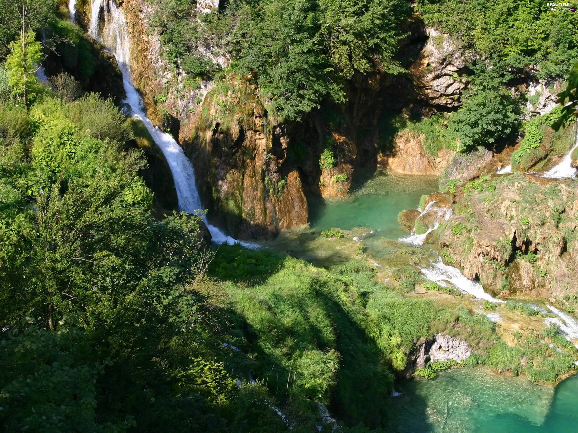 green, waterfall, rocks