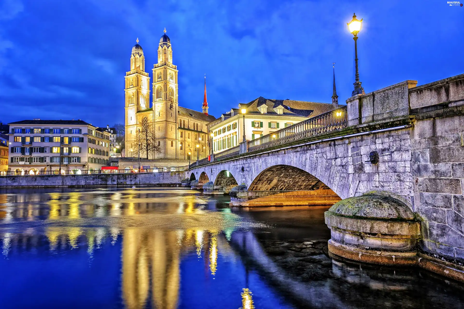 Zurich, Switzerland, bridge, Grossmunster Church, River Limmat