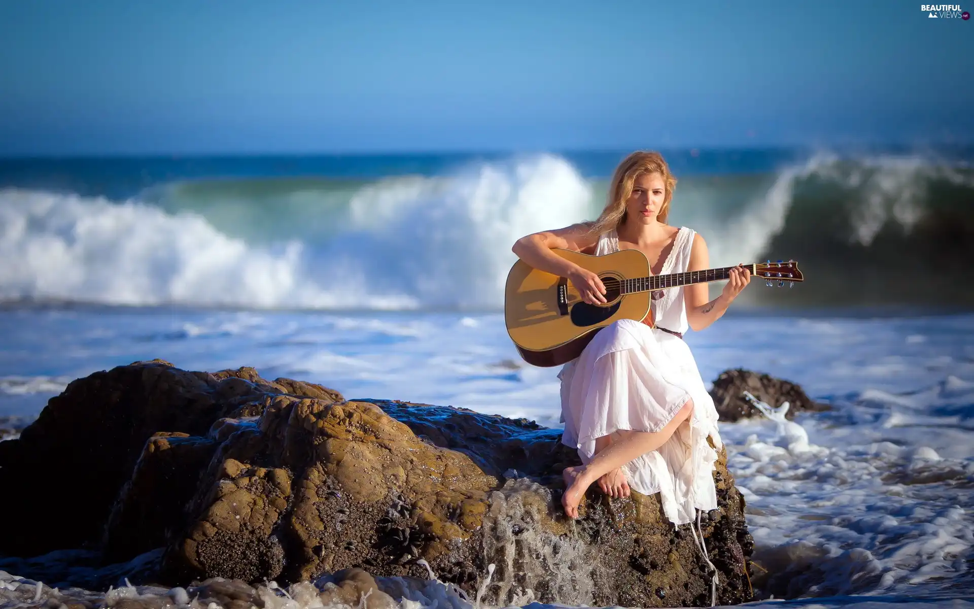 sea, girl, Guitar, rocks