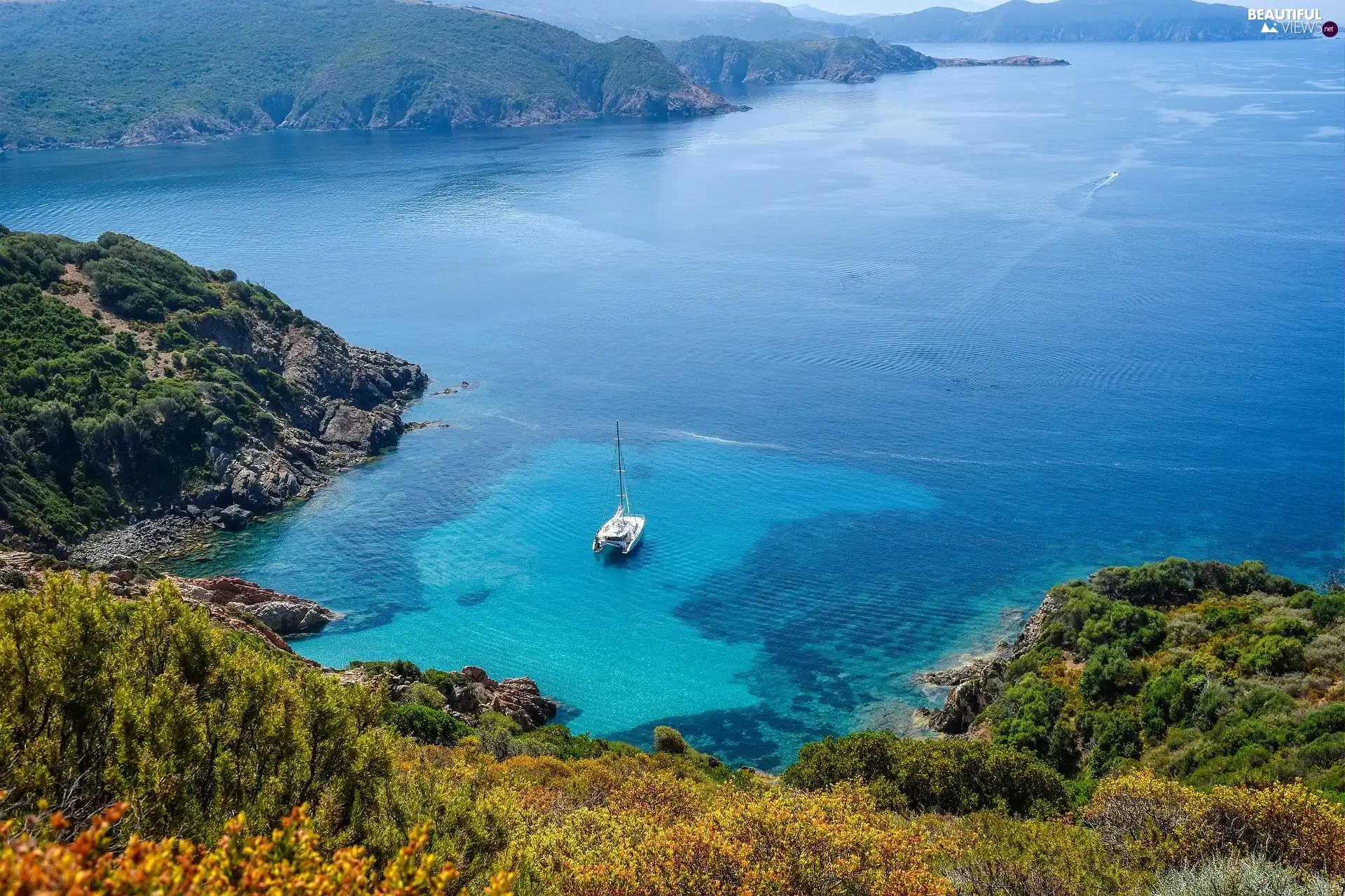 sea, rocks, Yacht, Gulf