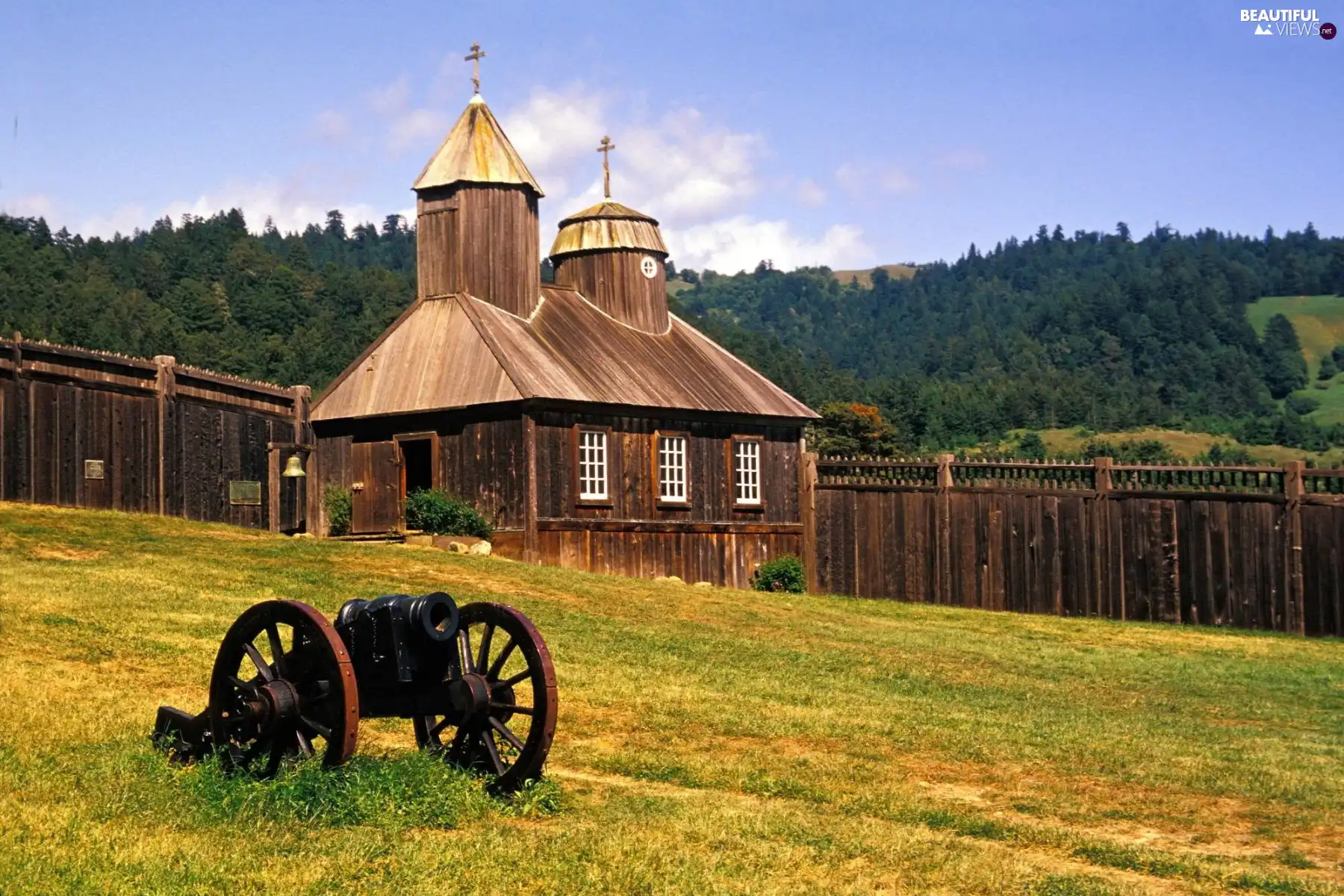 church, forest, gun, Mountains