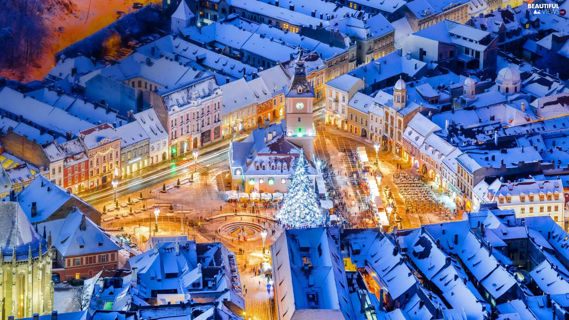 Christmas, Brasov, town hall, snow, Houses, Romania, Old town, winter, Night, christmas tree